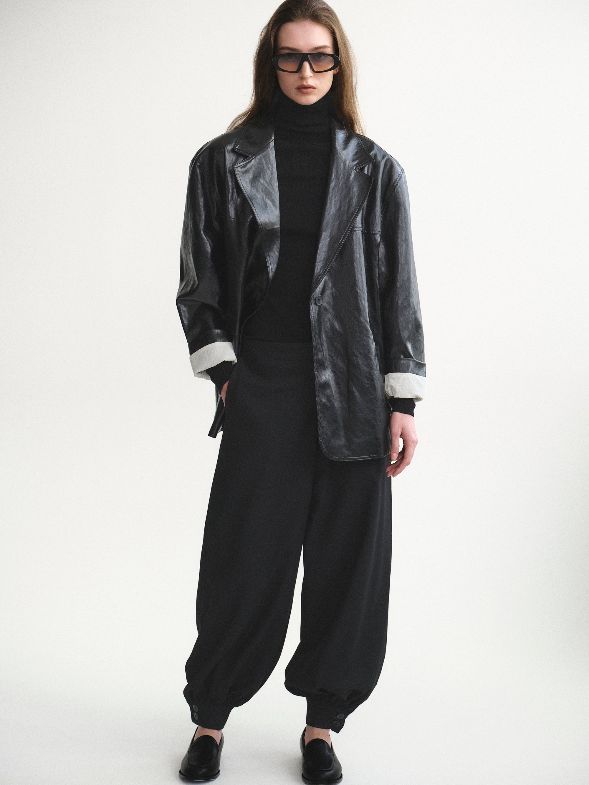 Tailored Faux-Leather Blazer, Black