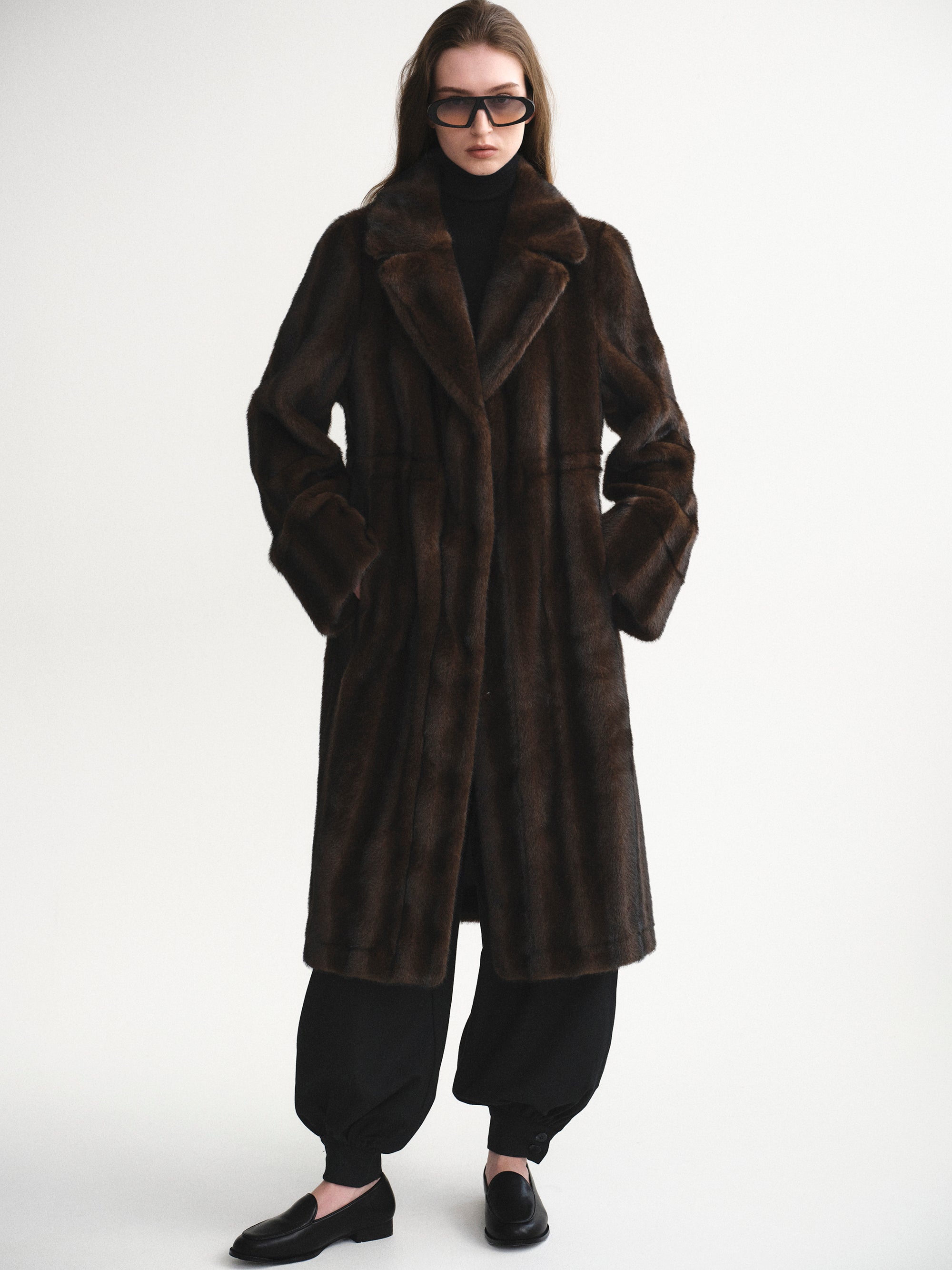 Notched Lapel Faux-Fur Coat, Chocolate