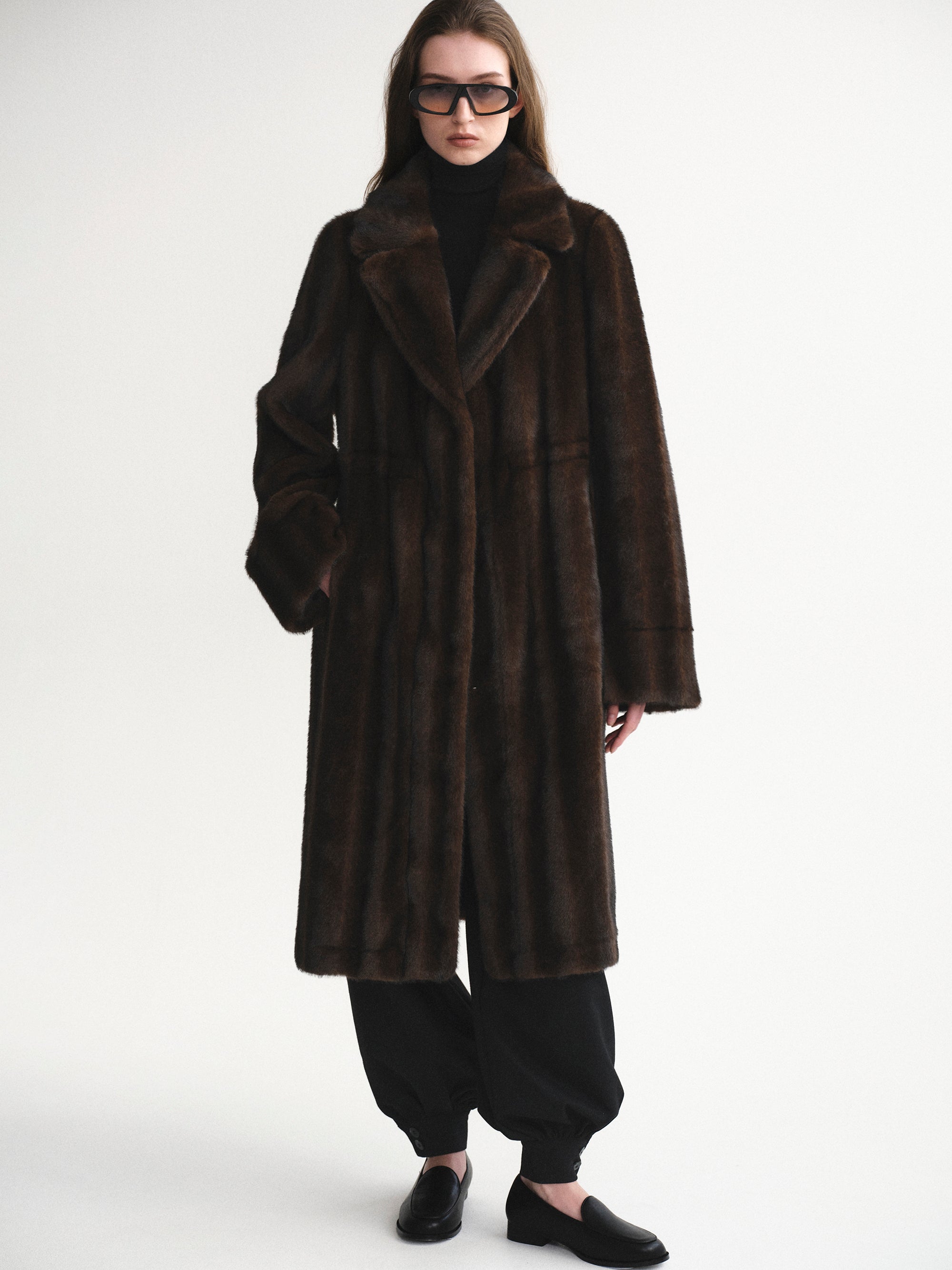 Notched Lapel Faux-Fur Coat, Chocolate