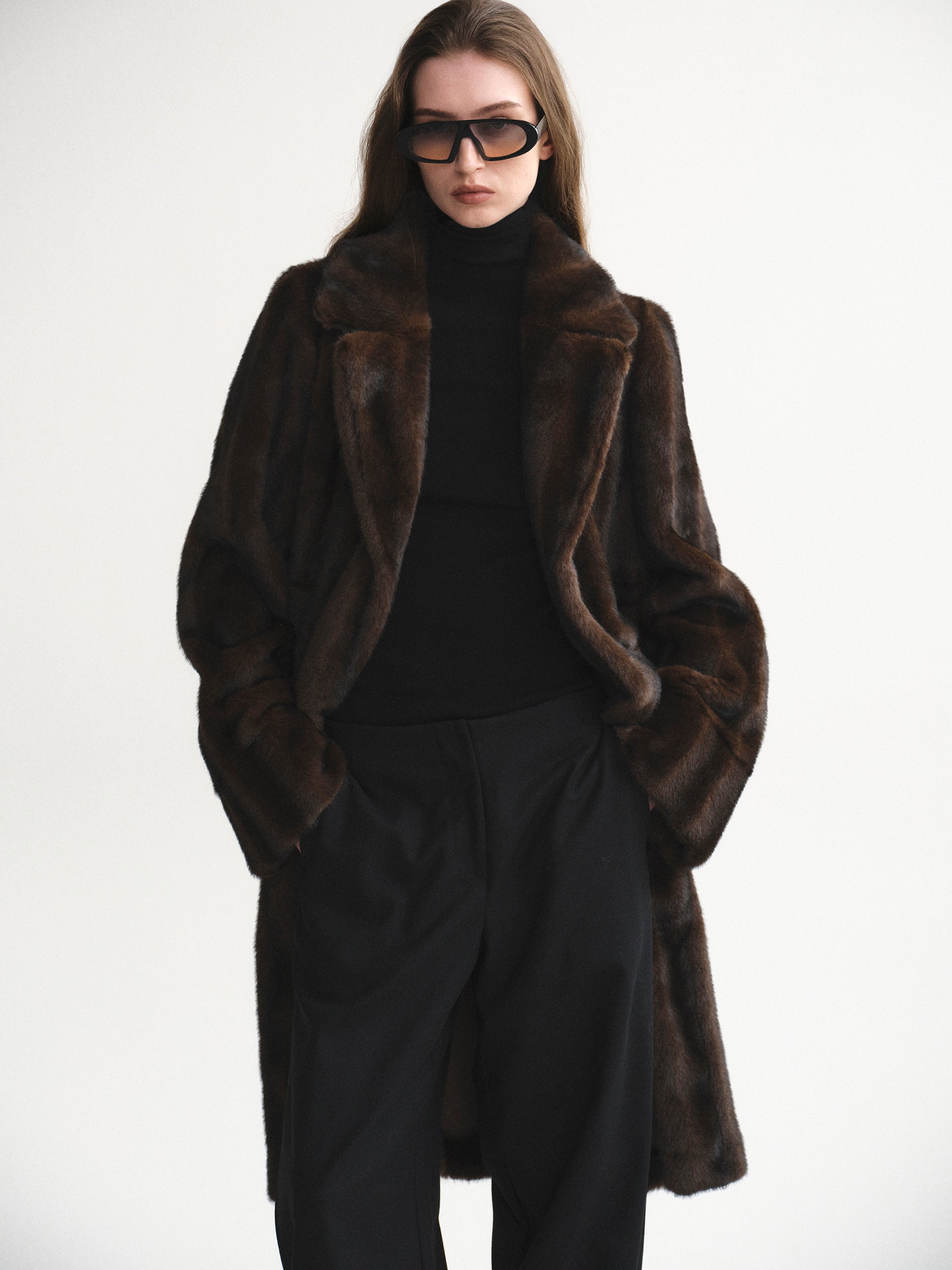 Notched Lapel Faux-Fur Coat, Chocolate