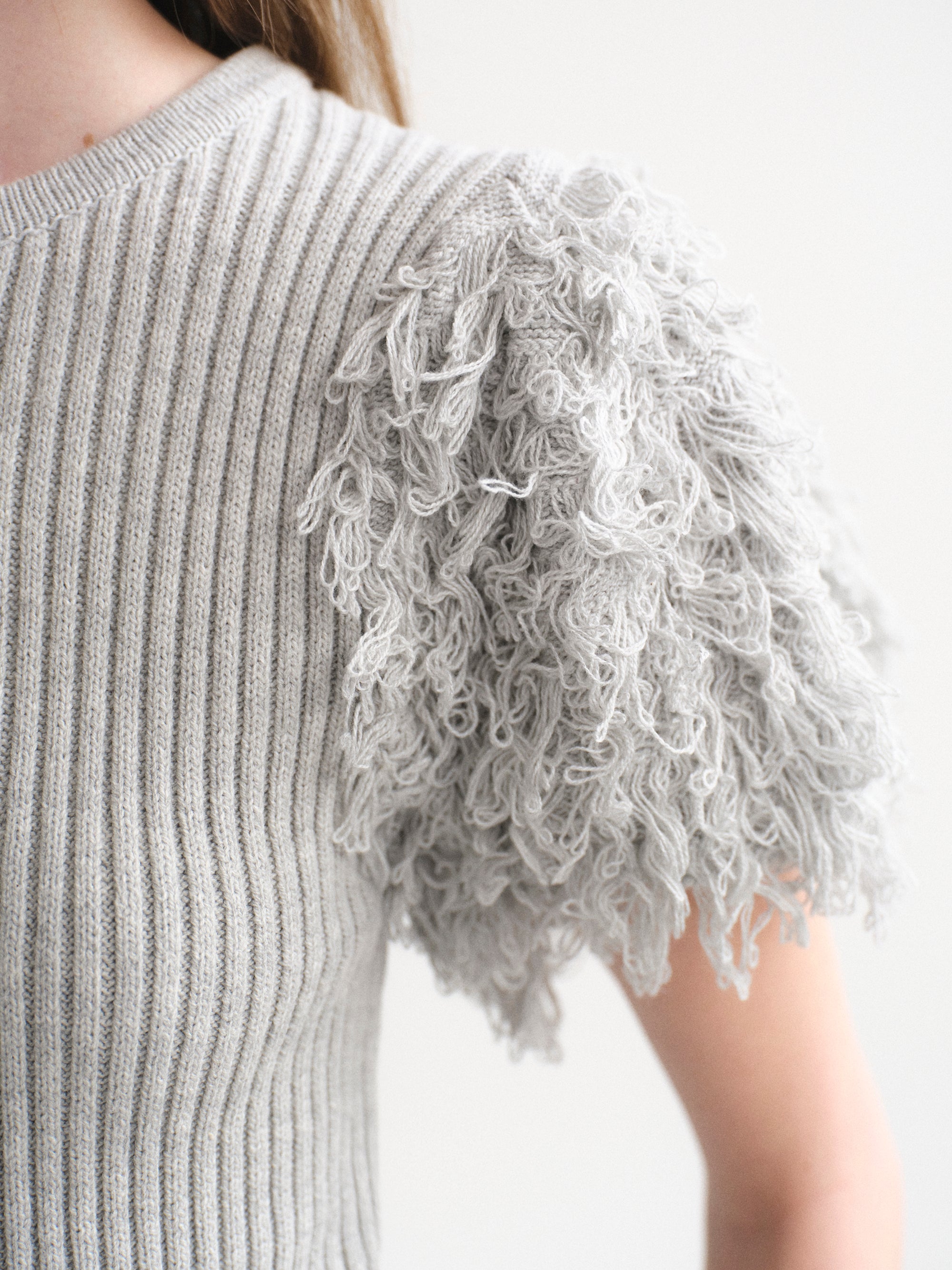 Faux Shearling Knit Top, Grey