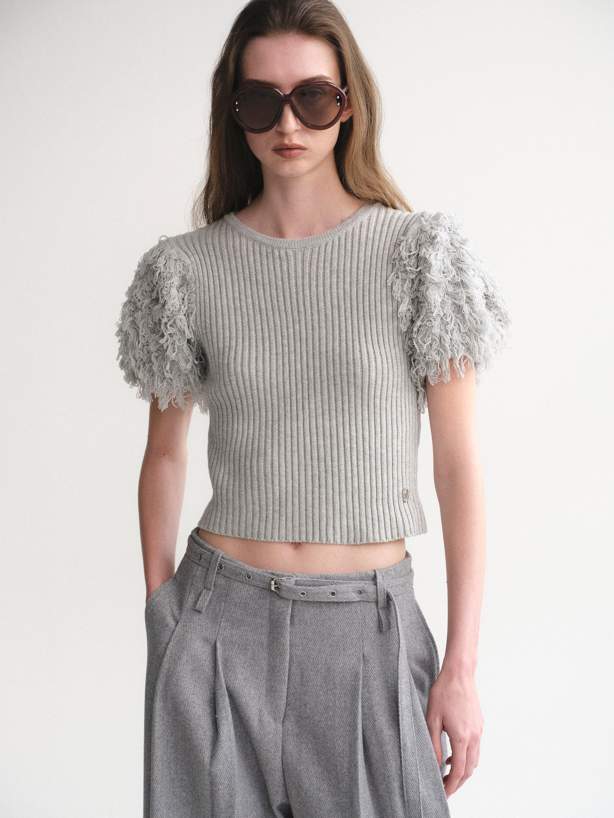Faux Shearling Knit Top, Grey