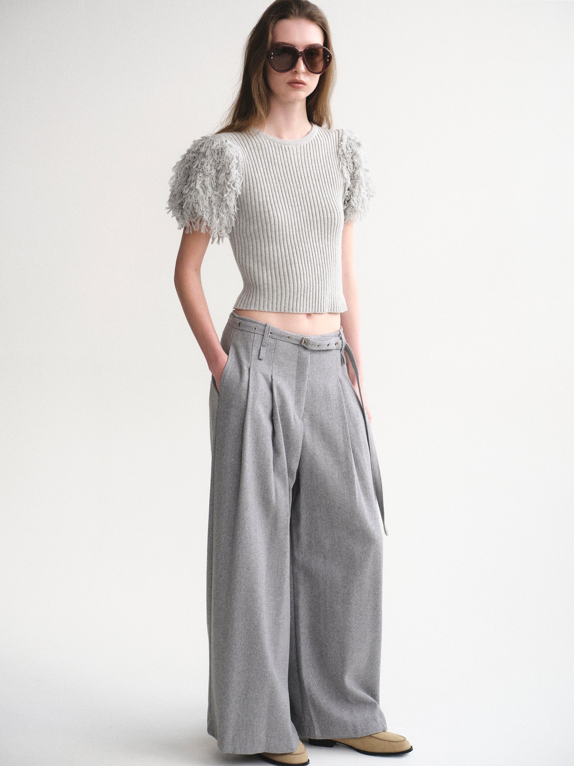 Belted Wool Trousers, Grey