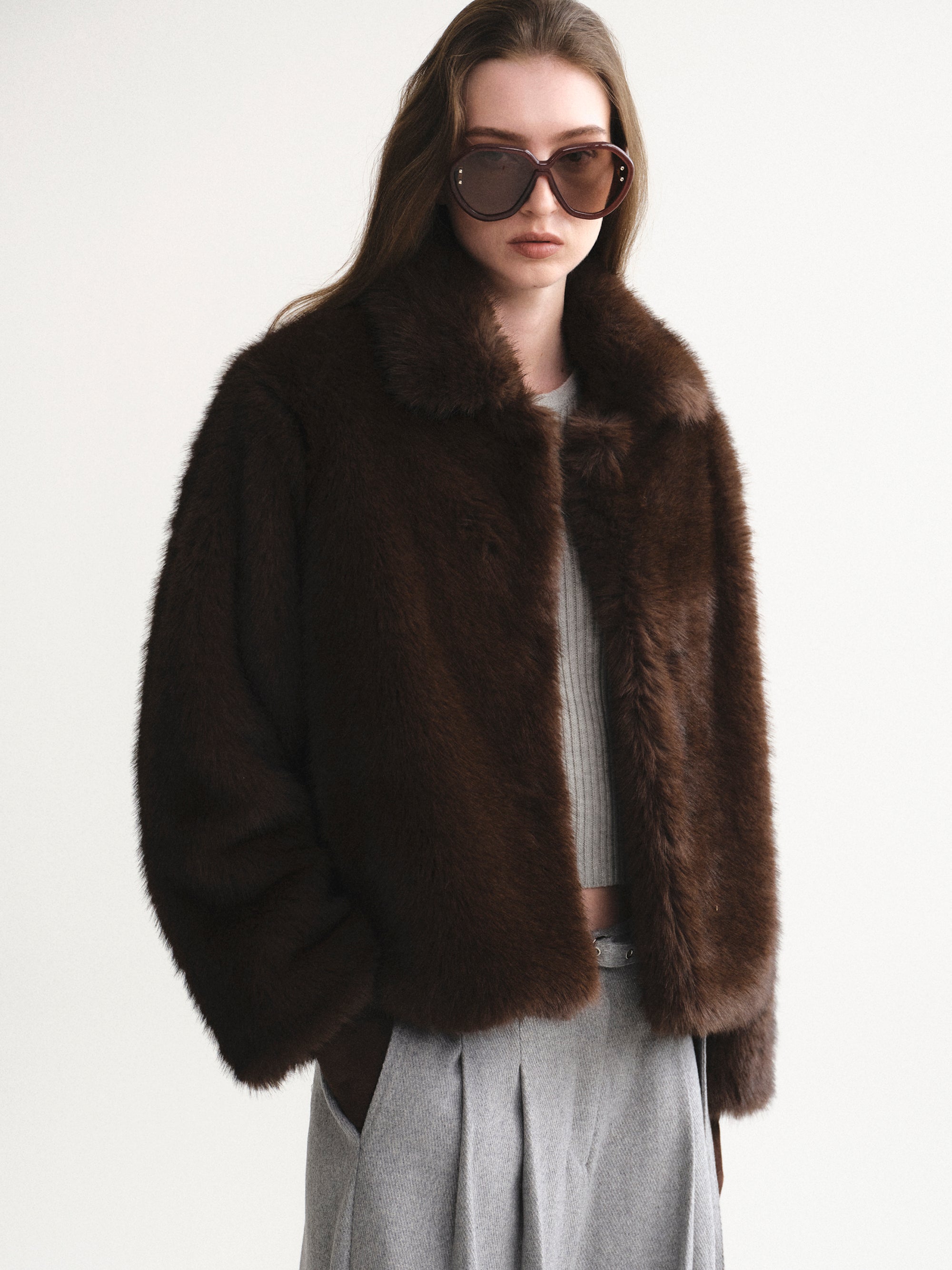 Faux-Fur Collar Jacket,  Brown