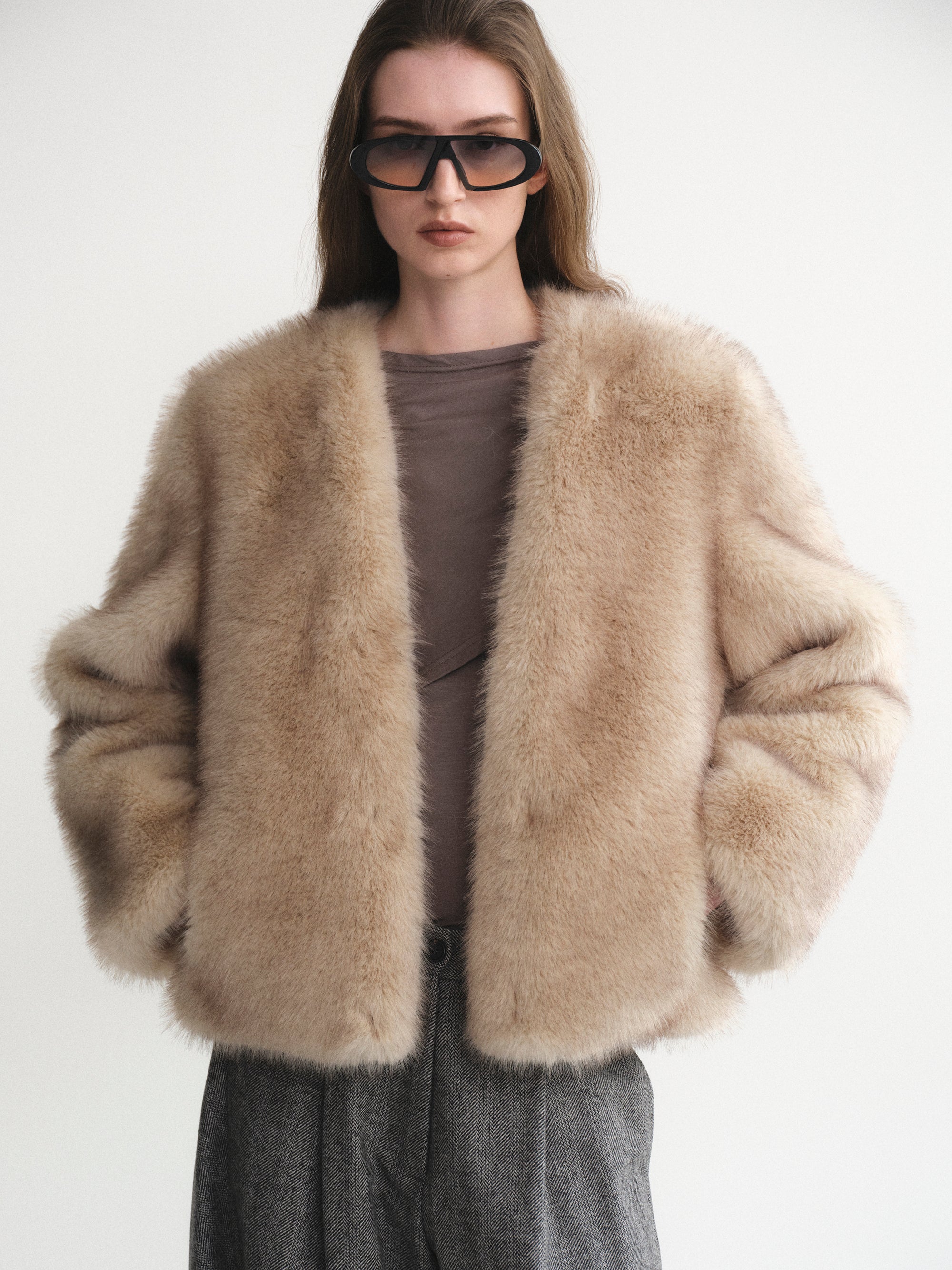 Collarless Faux-Fur Jacket, Natural