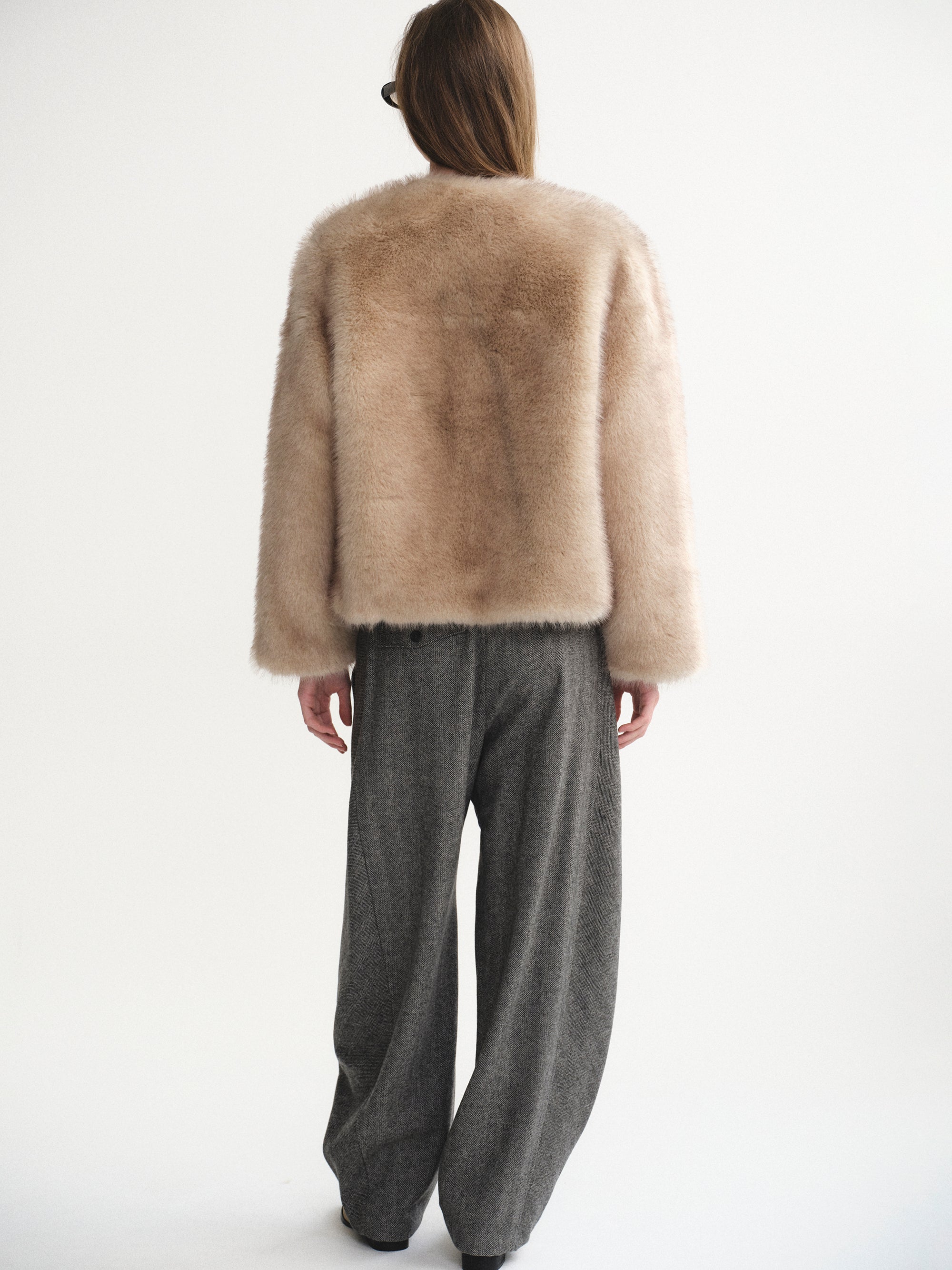 Collarless Faux-Fur Jacket, Natural