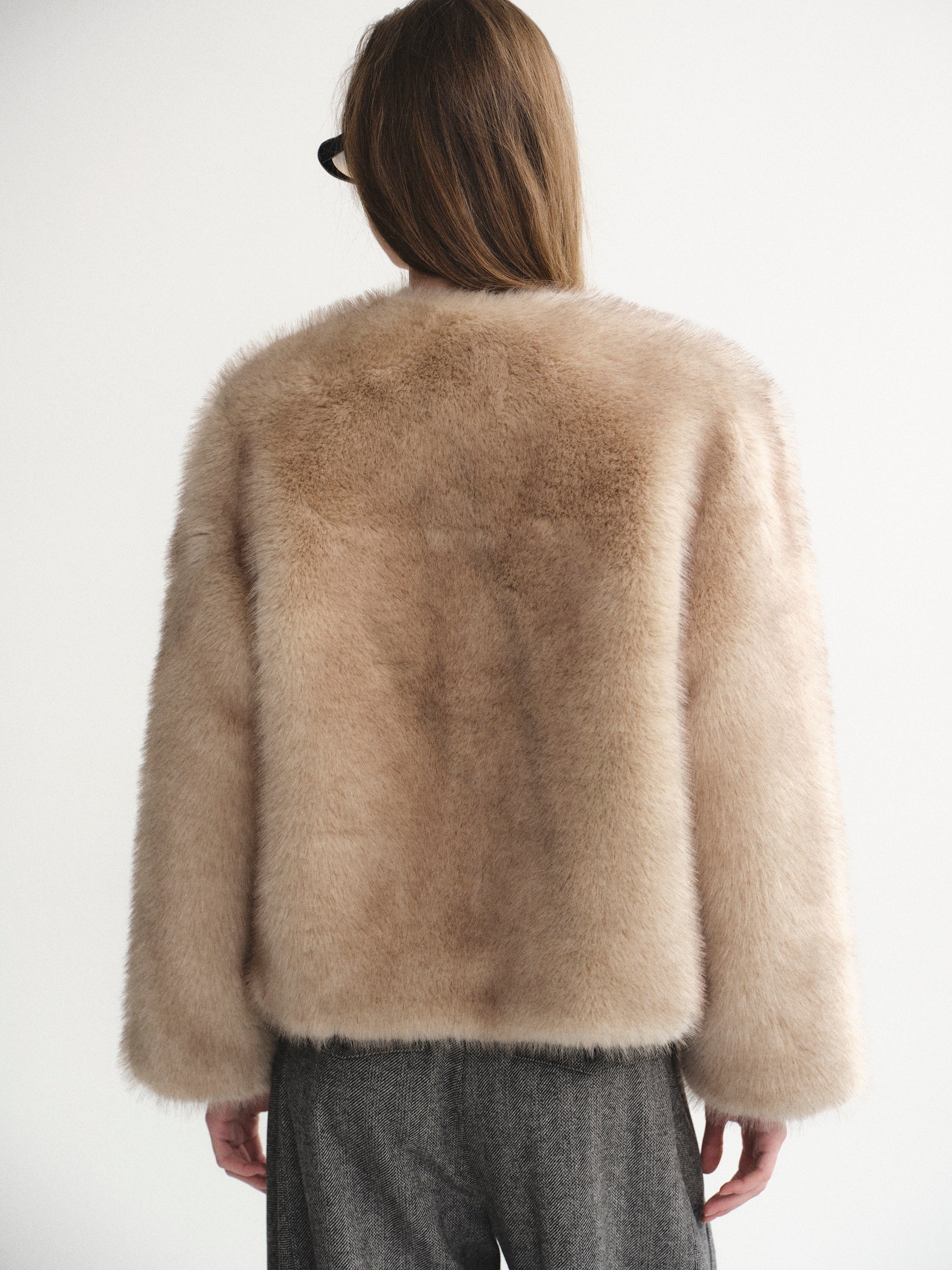 Collarless Faux-Fur Jacket, Natural