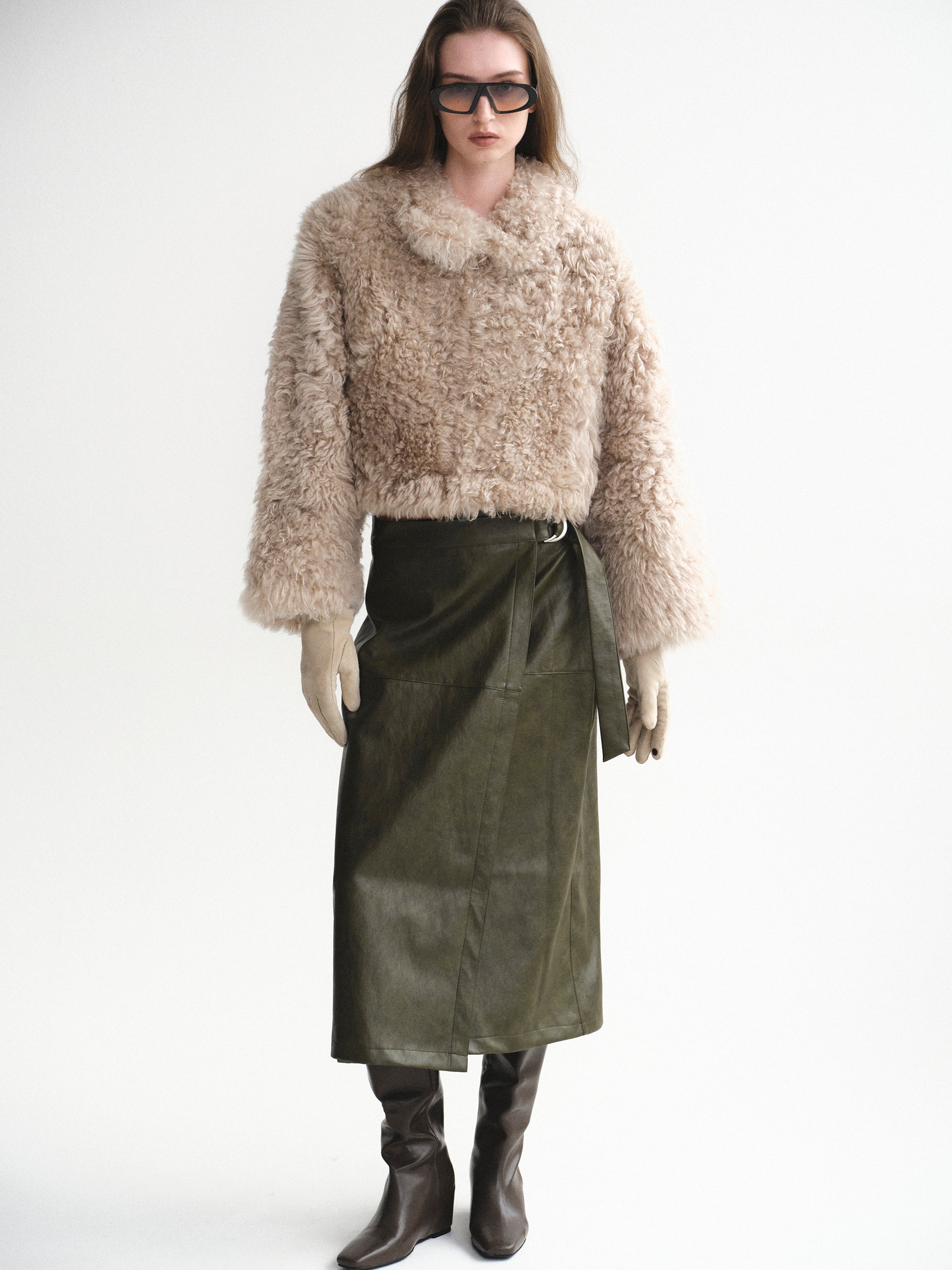 Cinch Belt Faux-Leather Skirt, Olive