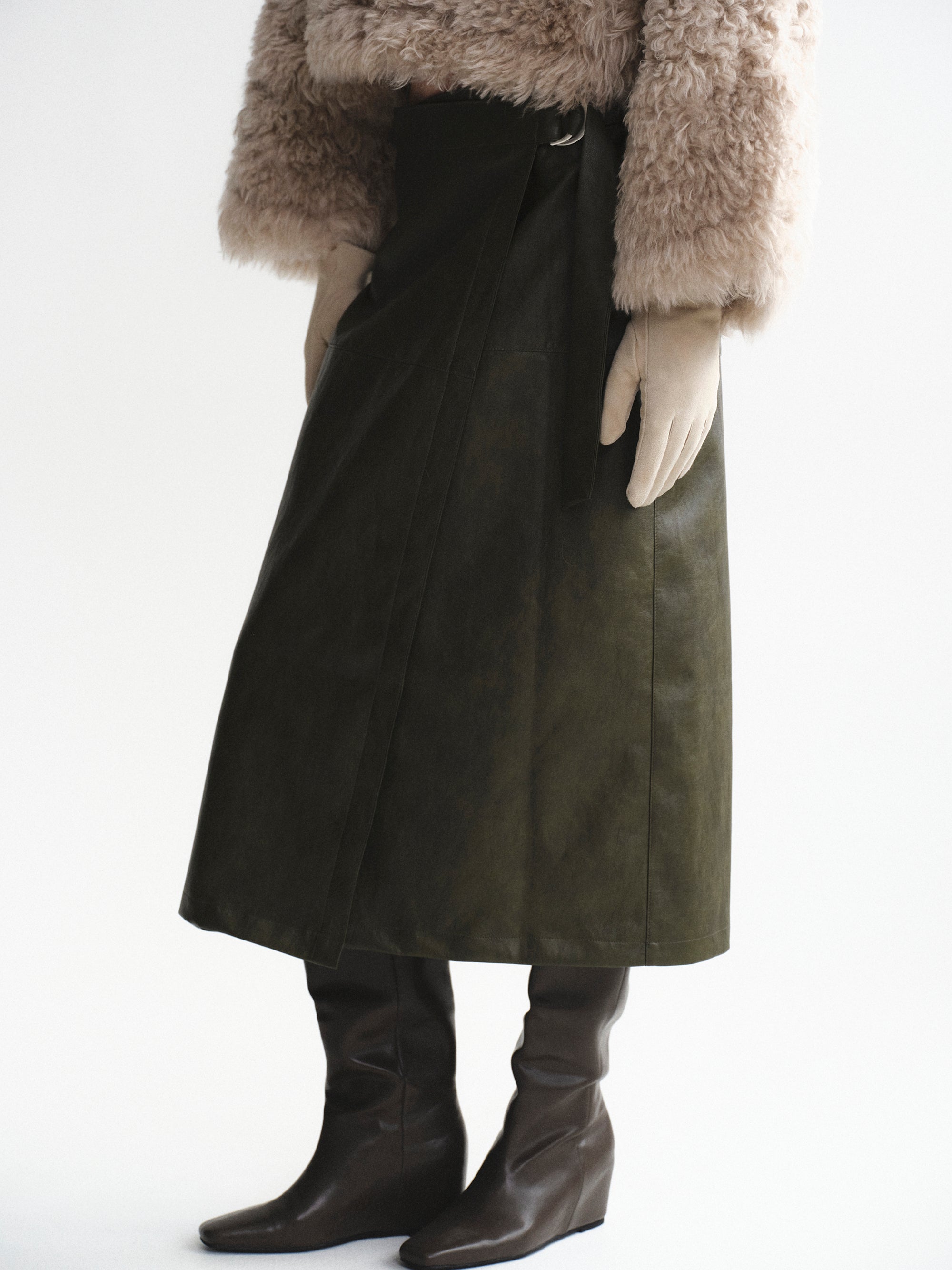 Cinch Belt Faux-Leather Skirt, Olive