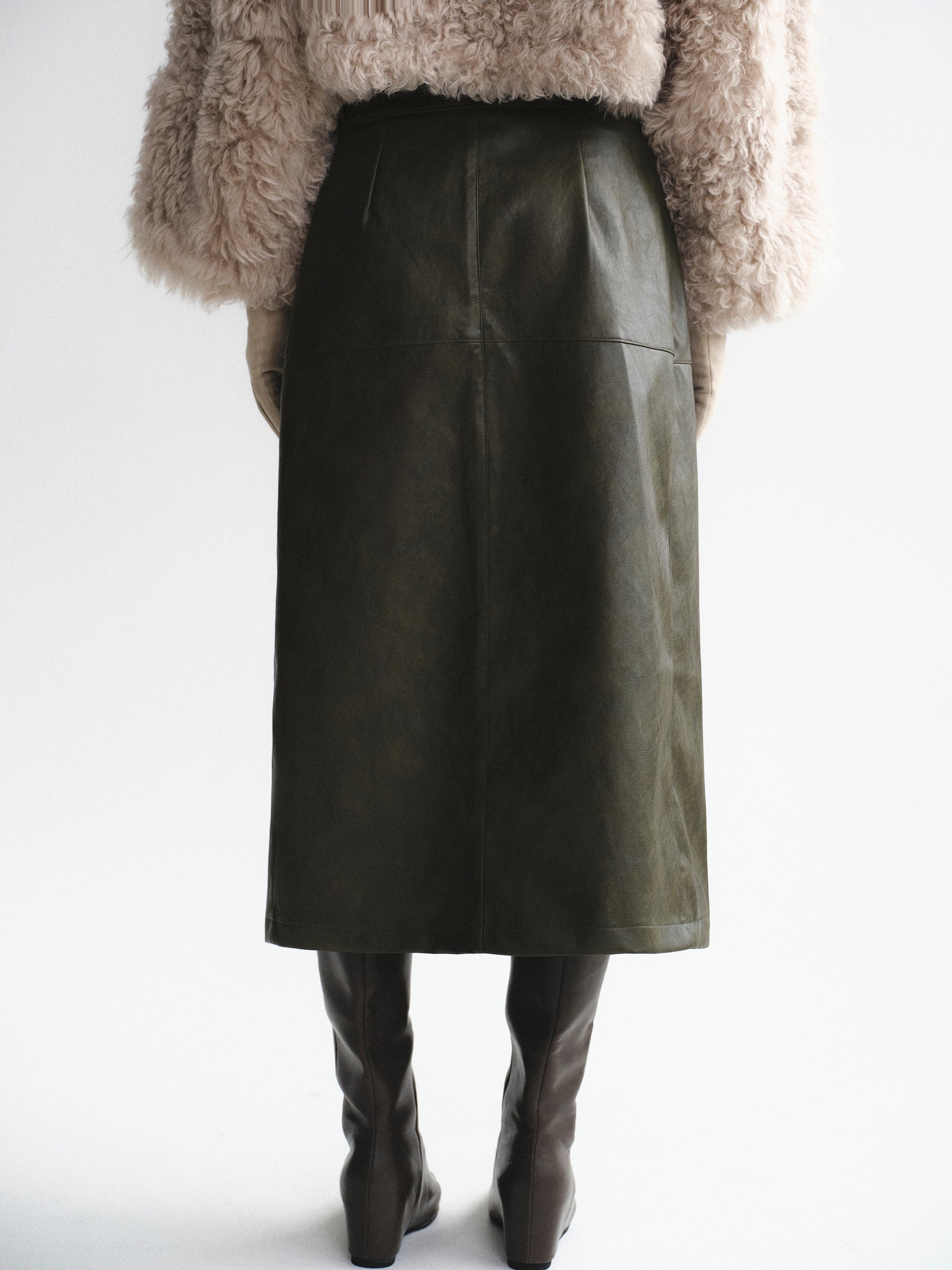 Cinch Belt Faux-Leather Skirt, Olive