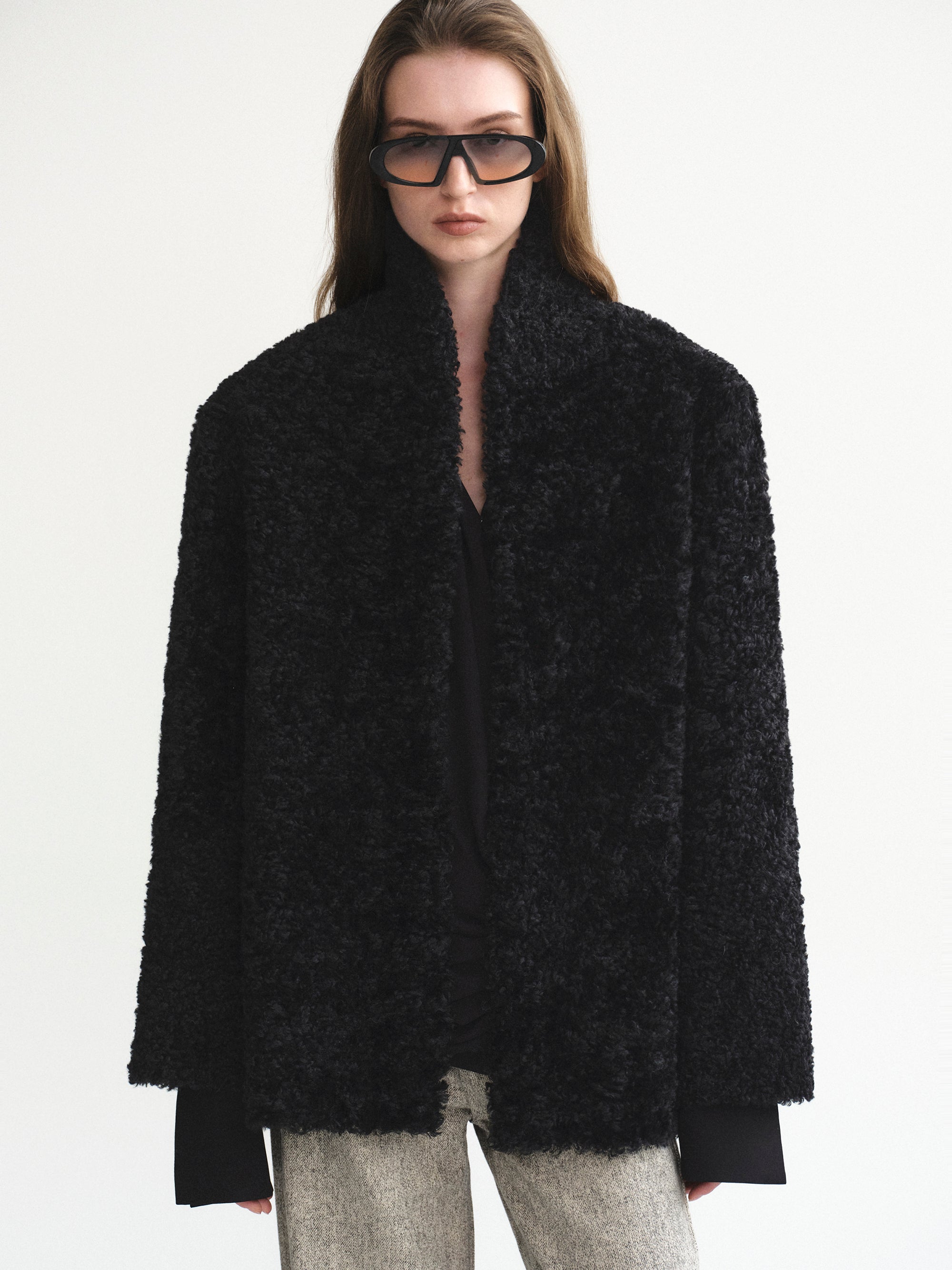 Shawl-Collar Shearling Jacket, Black