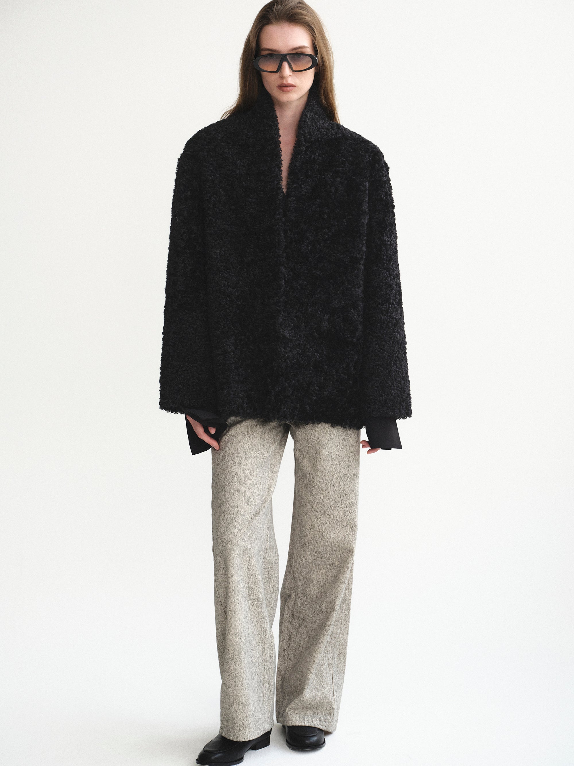 Shawl-Collar Shearling Jacket, Black