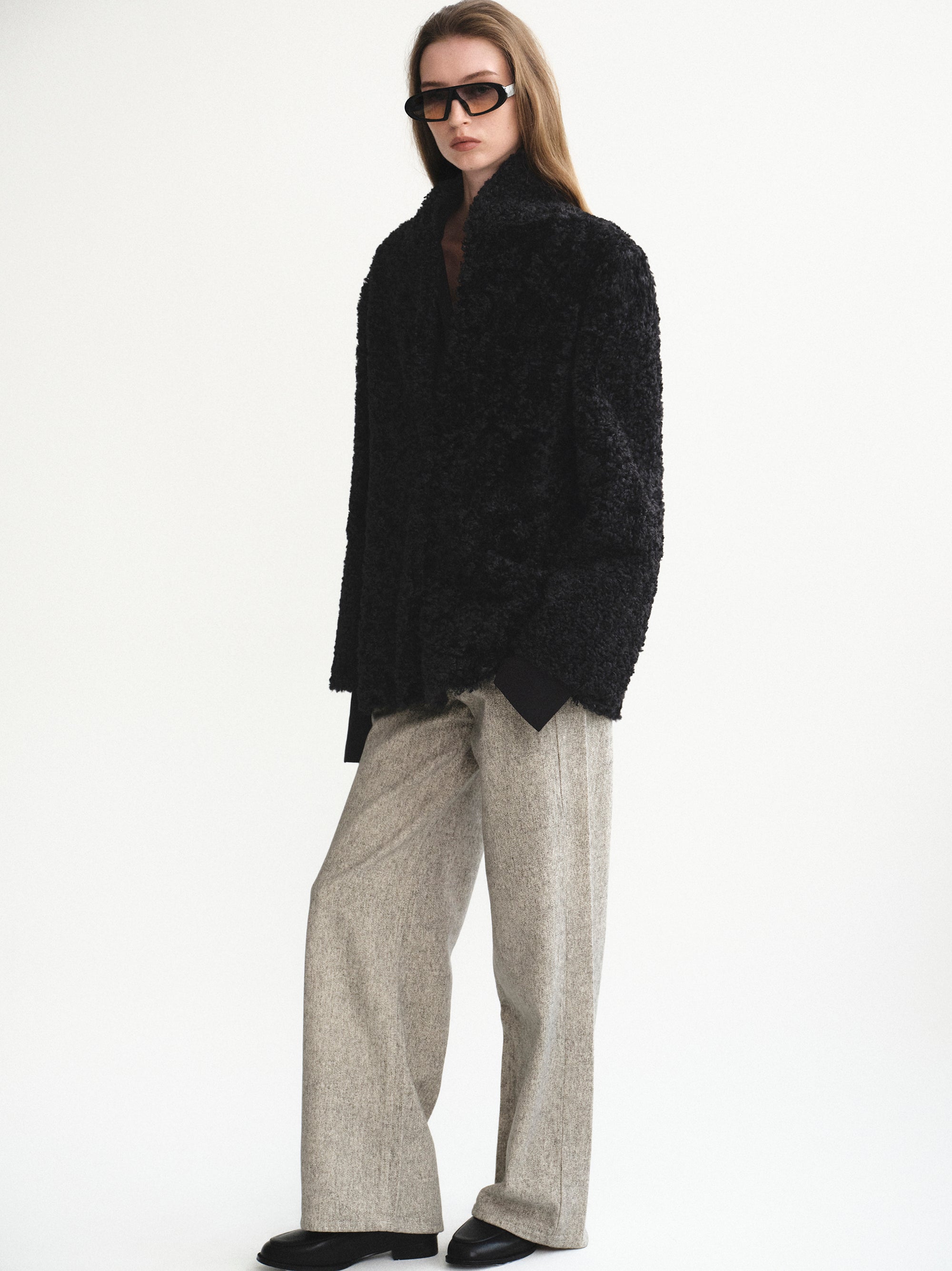Shawl-Collar Shearling Jacket, Black