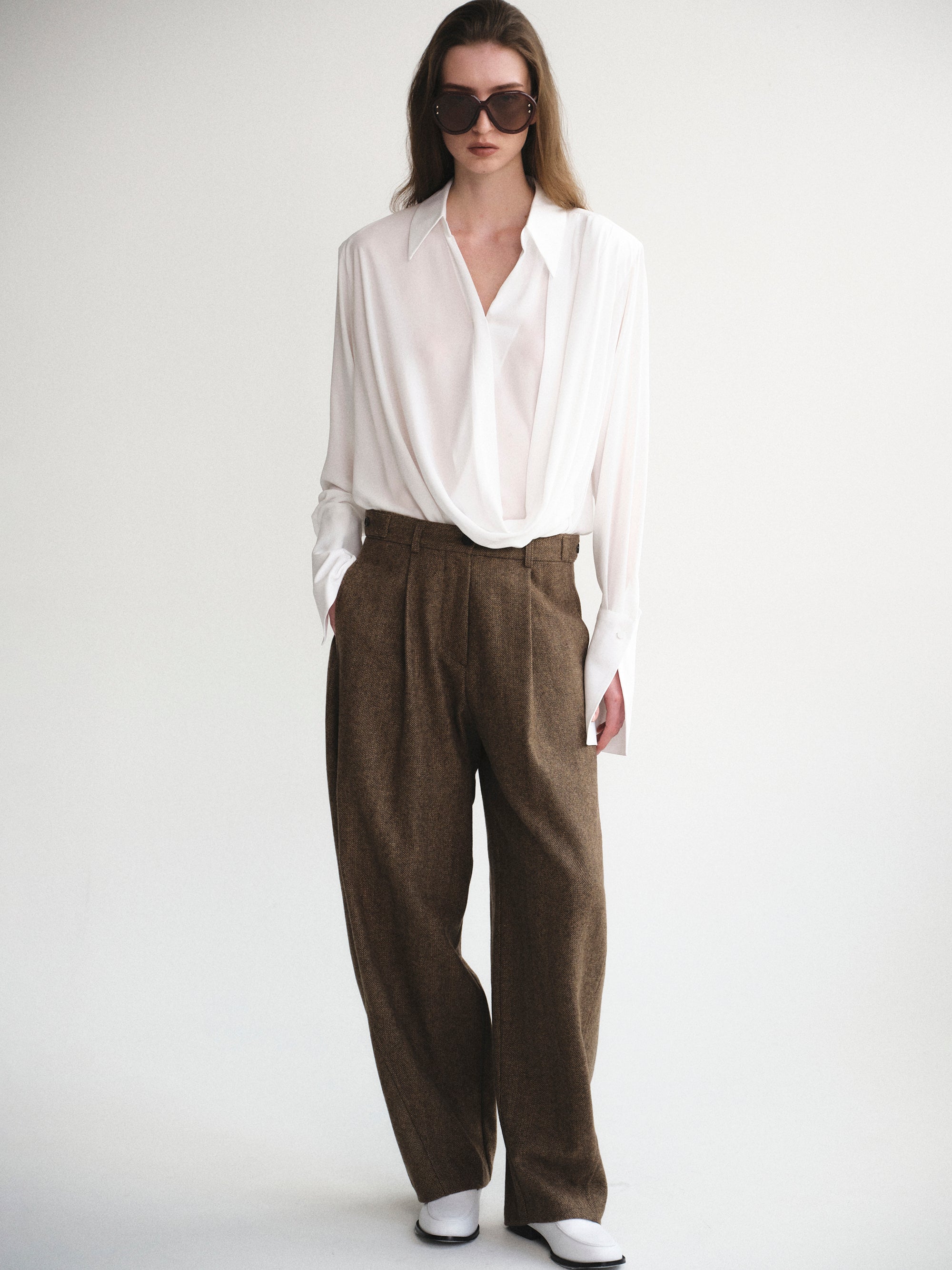 Herringbone Tuck Trousers, Brown
