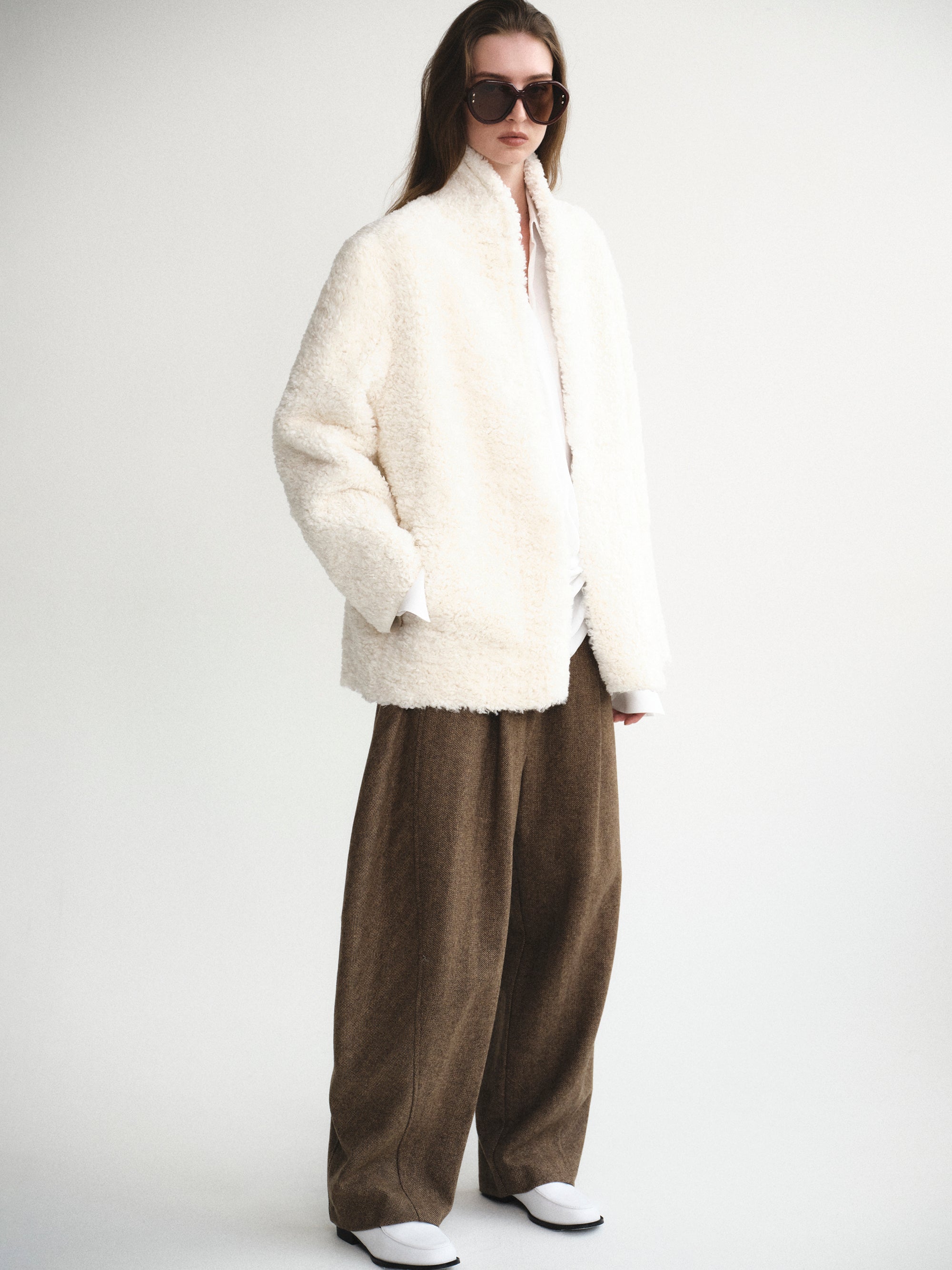 Shawl-Collar Shearling Jacket, Ivory
