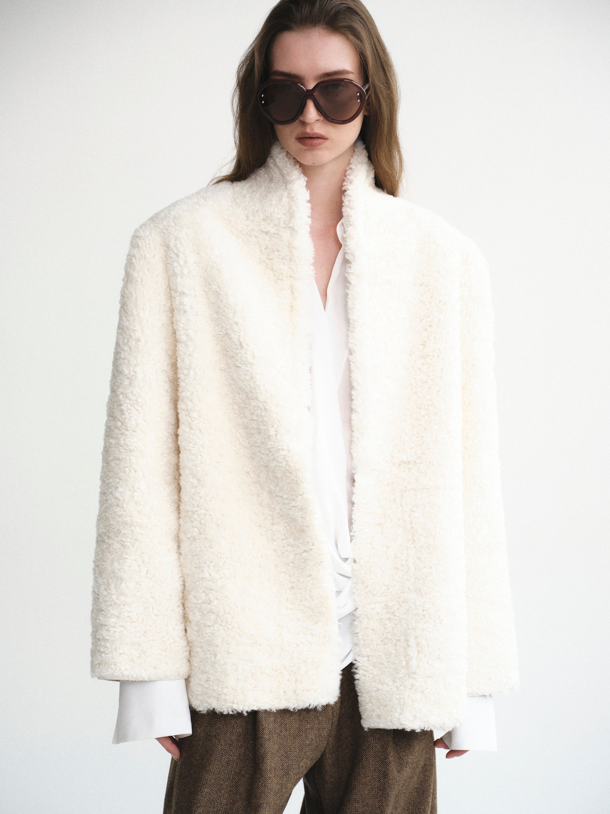 Shawl-Collar Shearling Jacket, Ivory