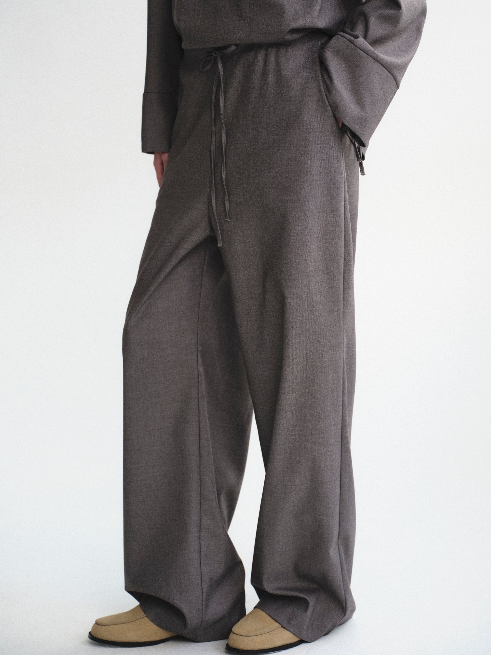 Drawstring Flannel Trousers, Grey