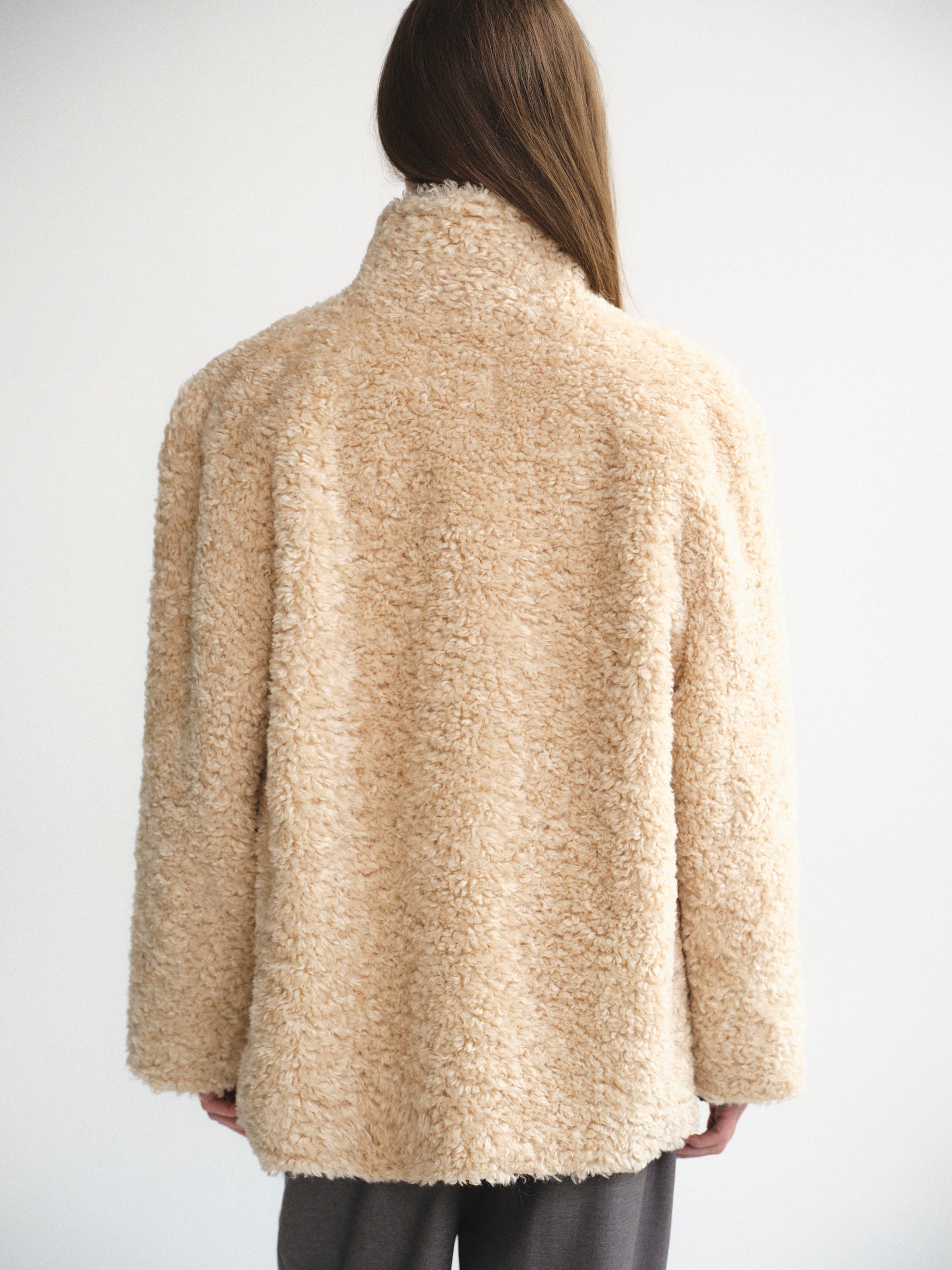 Shawl-Collar Shearling Jacket, Beige
