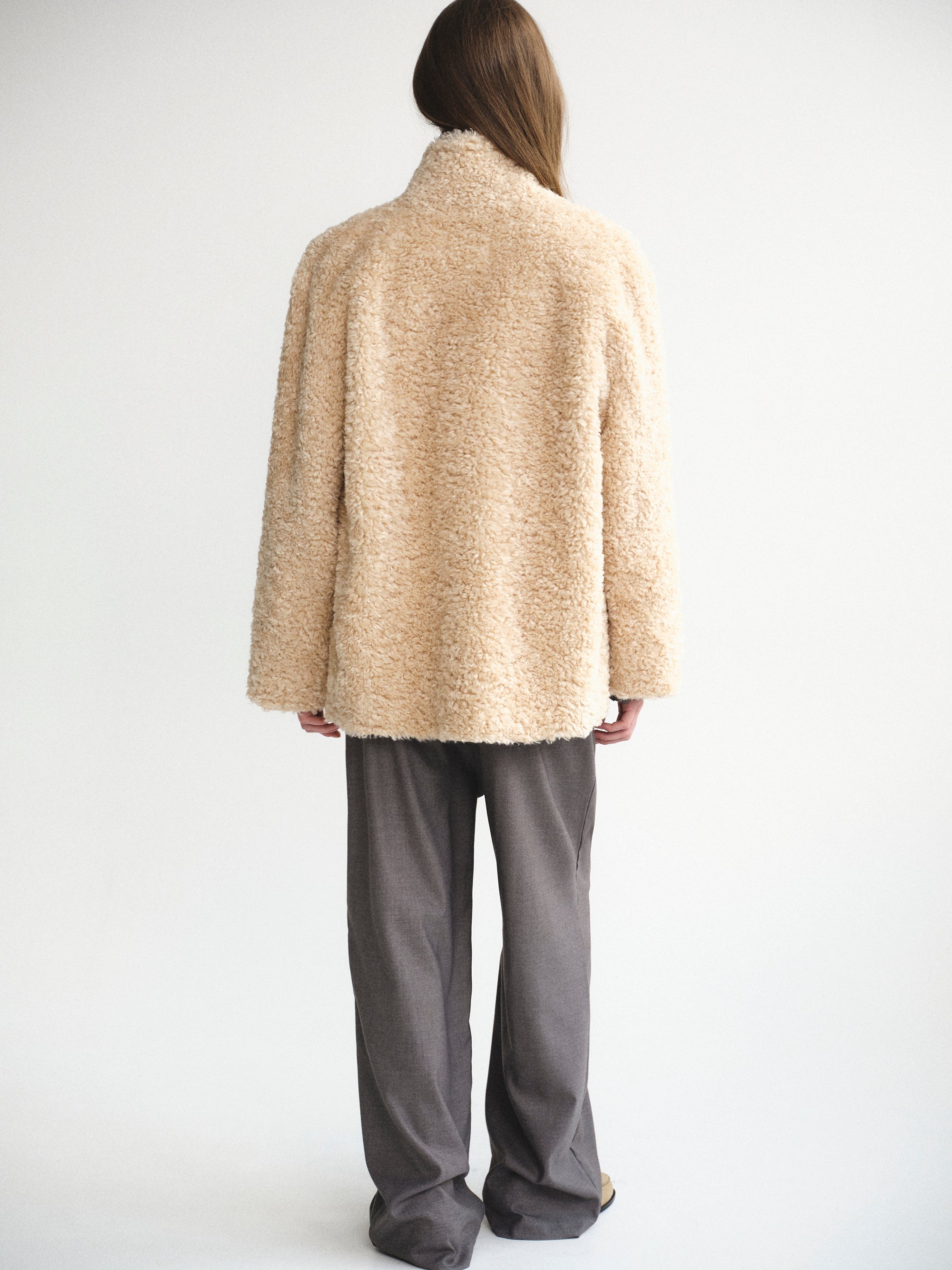 Shawl-Collar Shearling Jacket, Beige