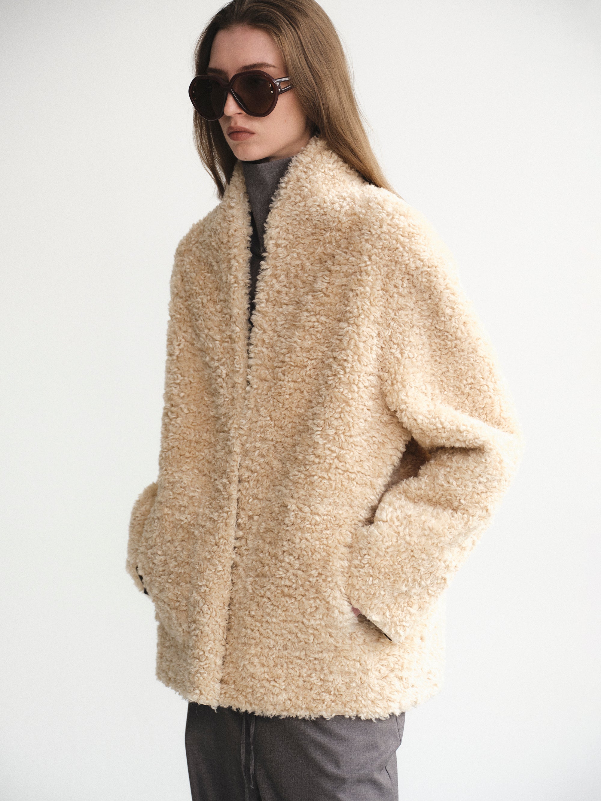 Shawl-Collar Shearling Jacket, Beige