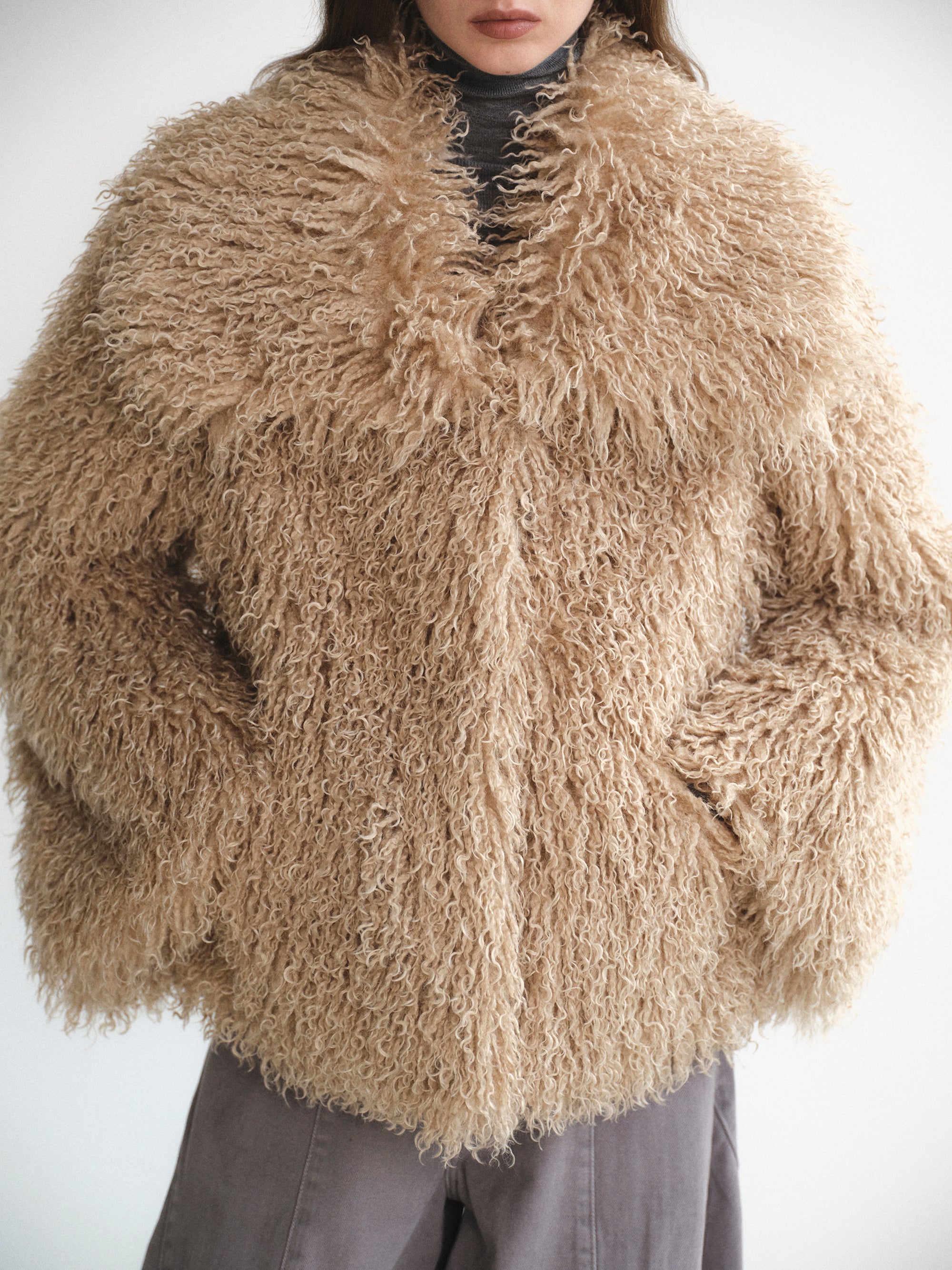 Long Hair Faux-Fur Jacket, Brown