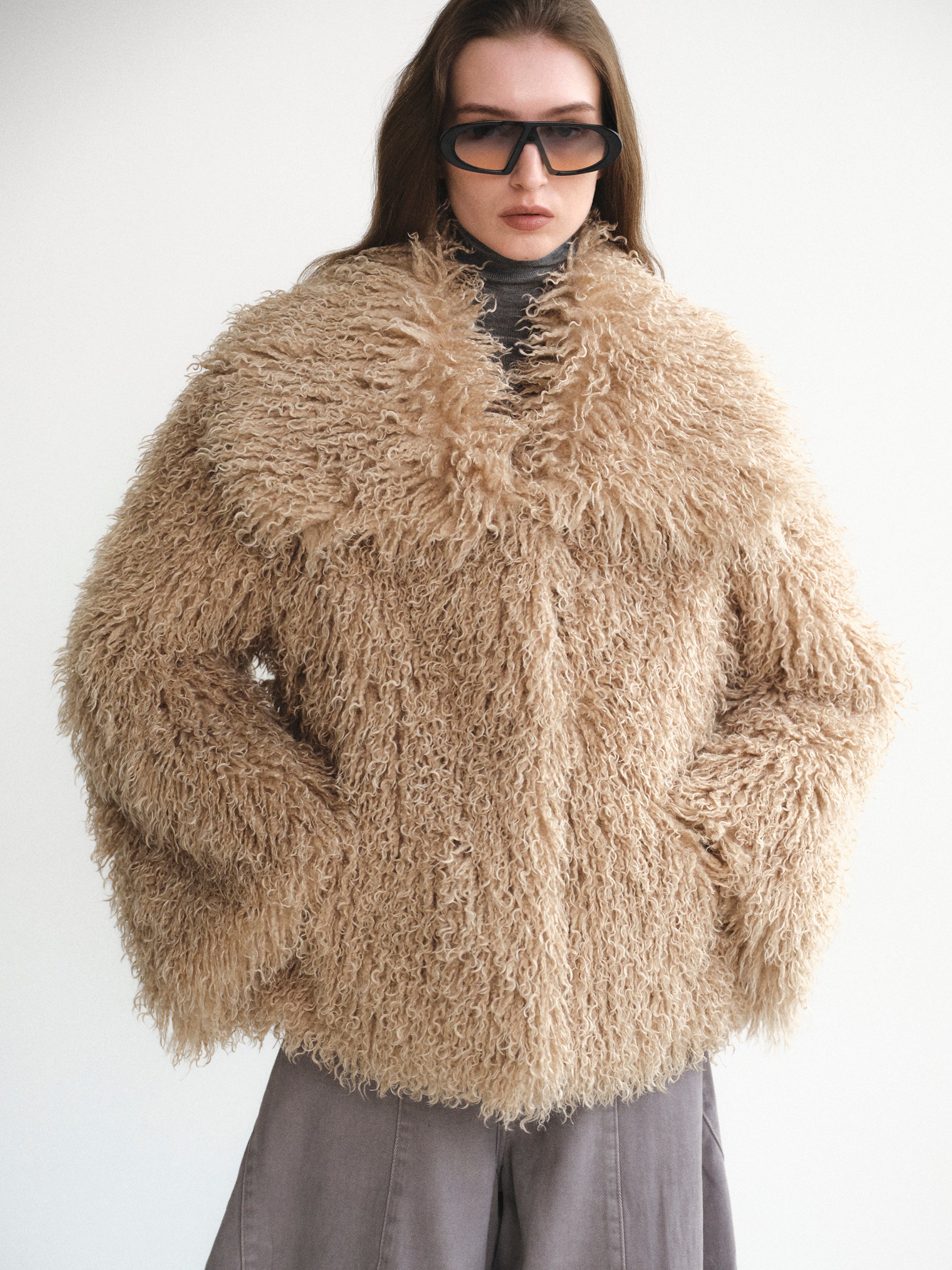Long Hair Faux-Fur Jacket, Brown