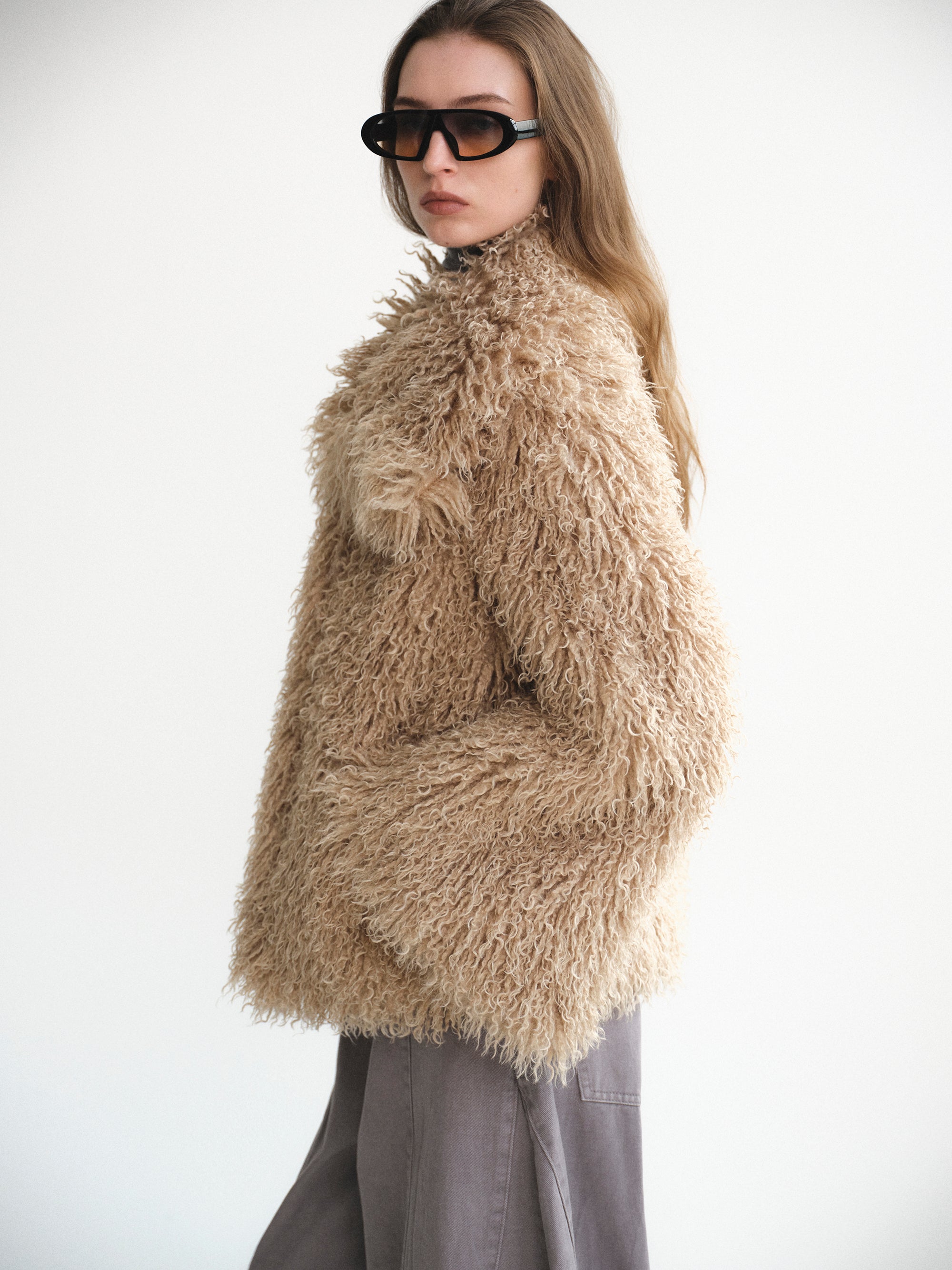 Long Hair Faux-Fur Jacket, Brown