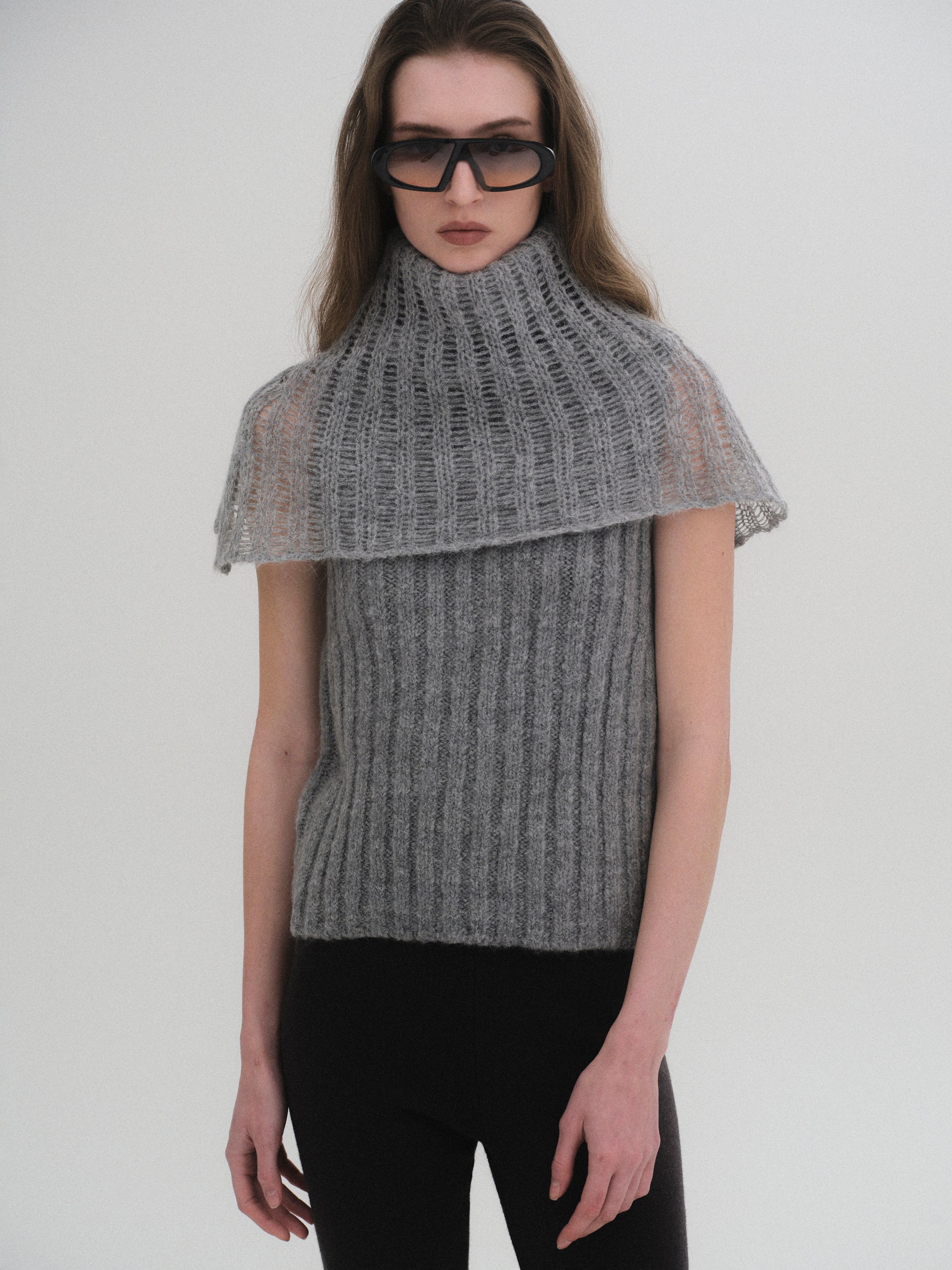 Neck Warmer Knit Top, Grey