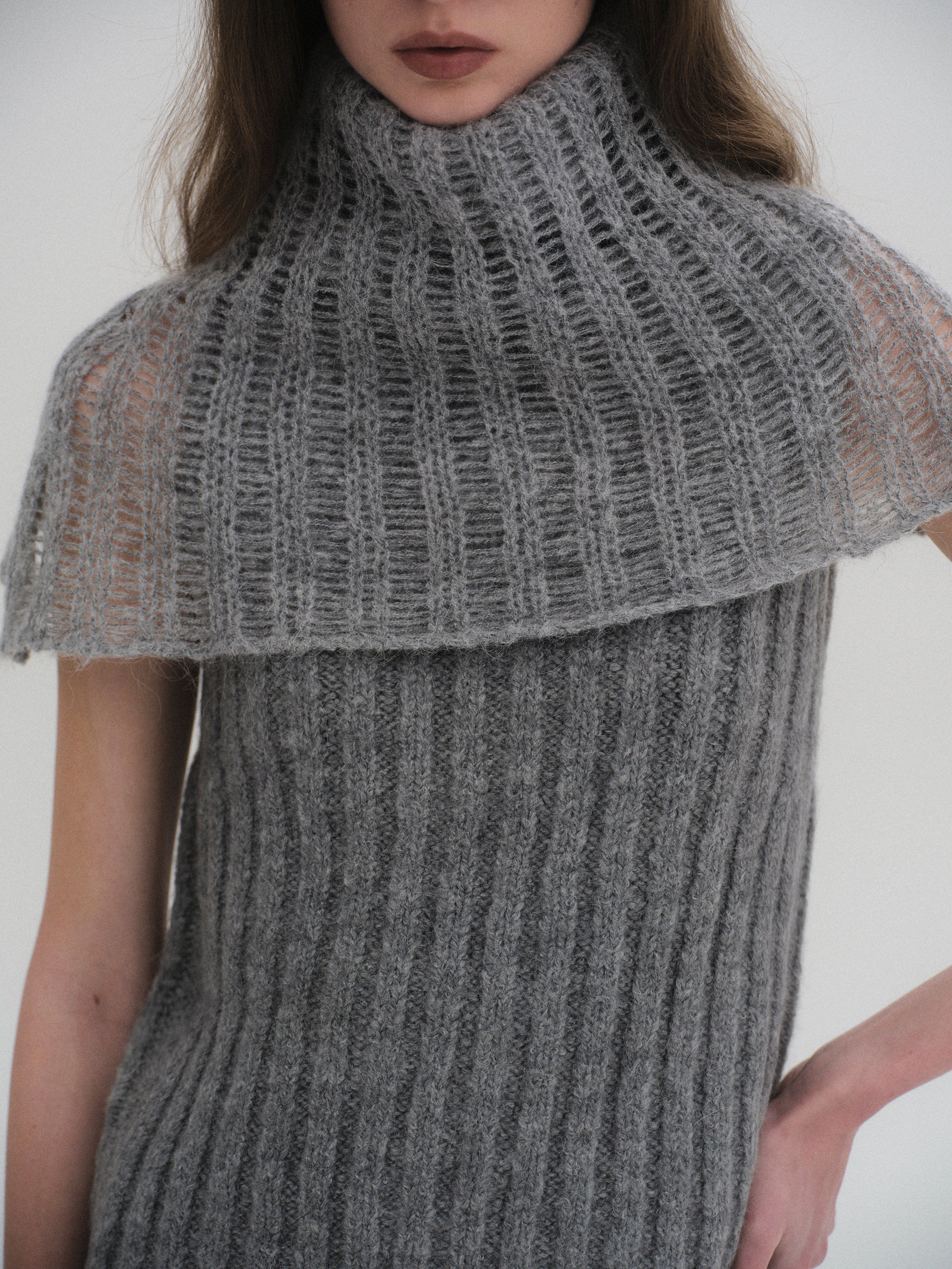 Neck Warmer Knit Top, Grey