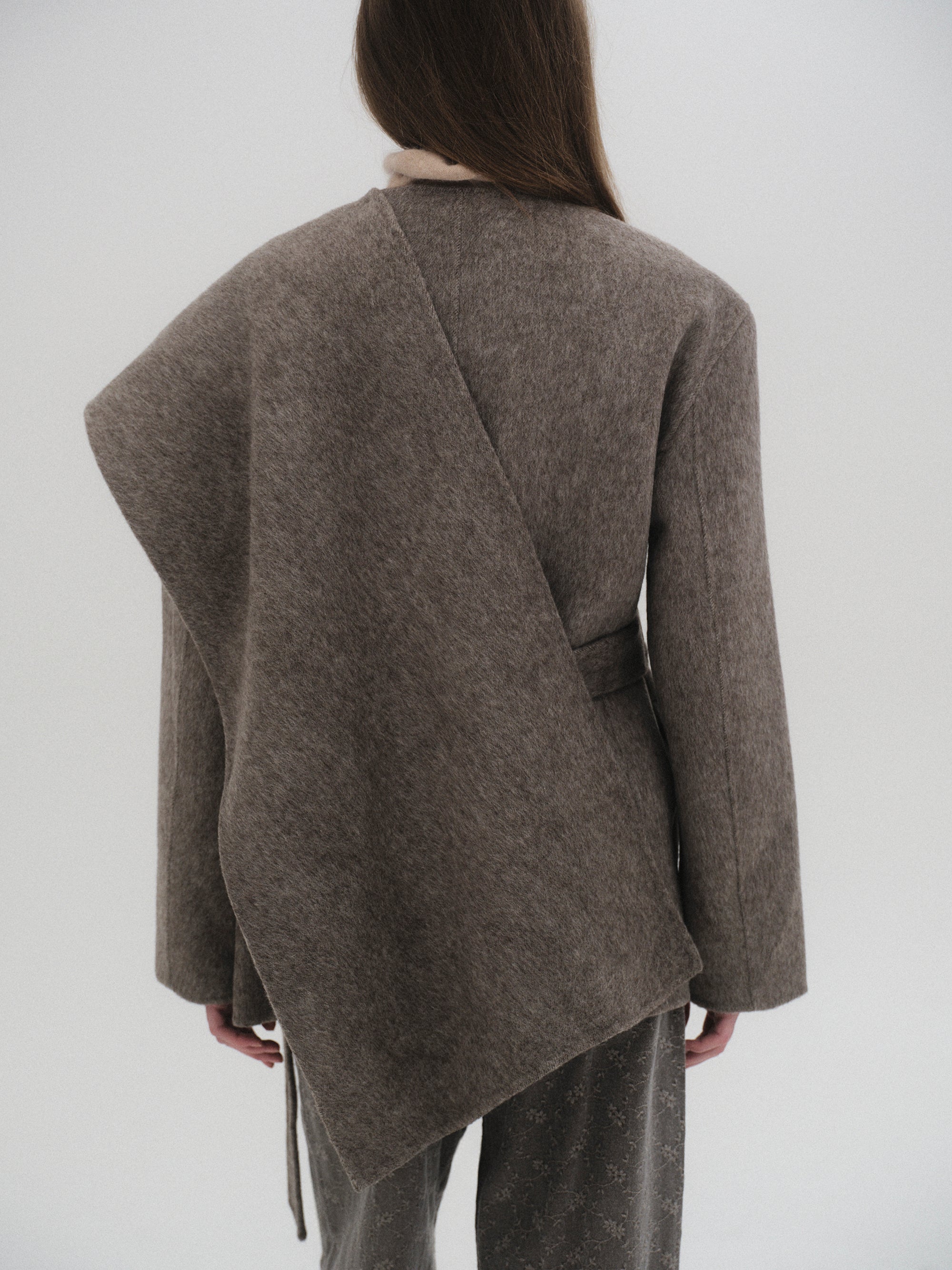 100% Wool Shawl Half Coat, Brown