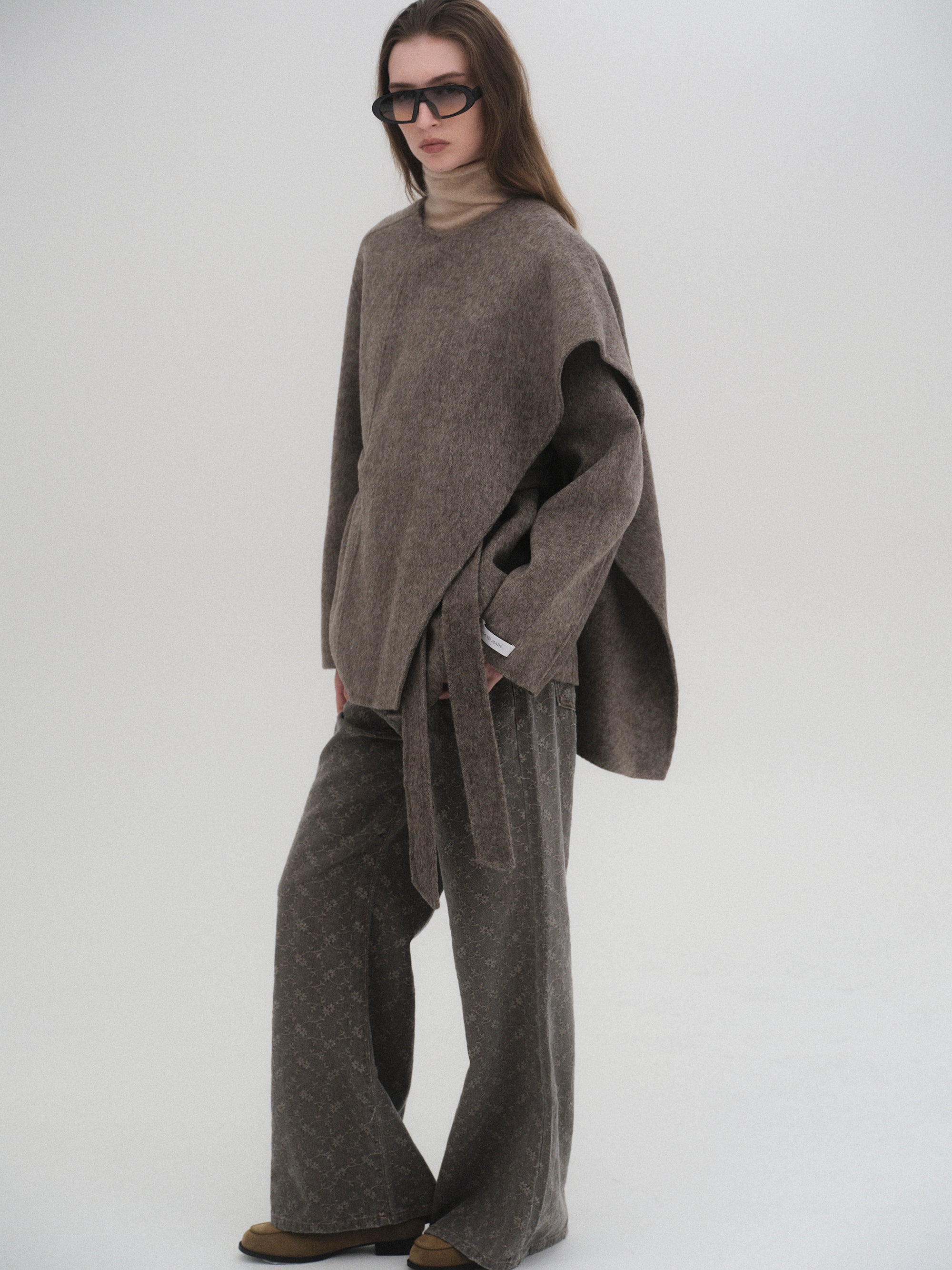 100% Wool Shawl Half Coat, Brown