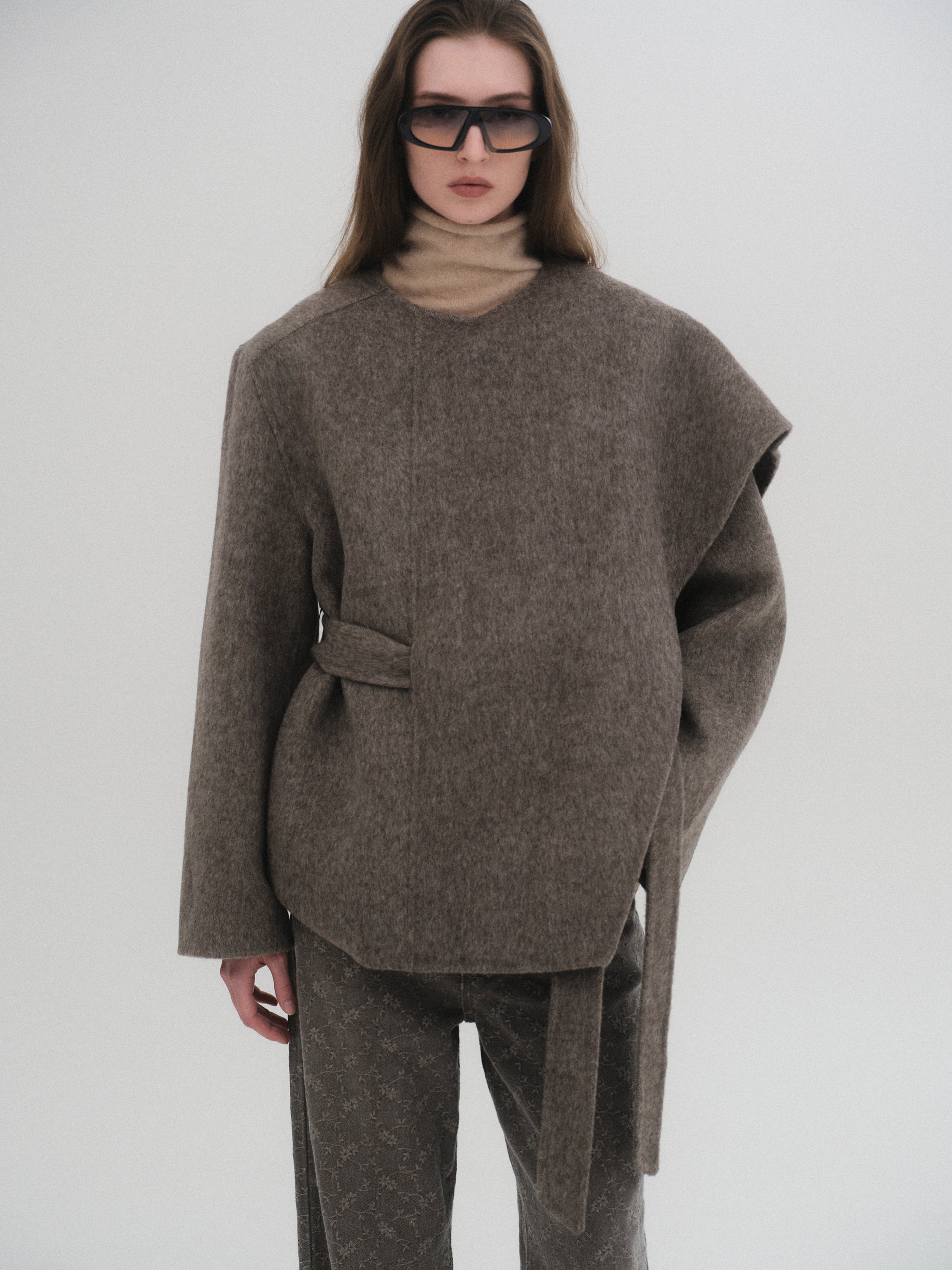 100% Wool Shawl Half Coat, Brown