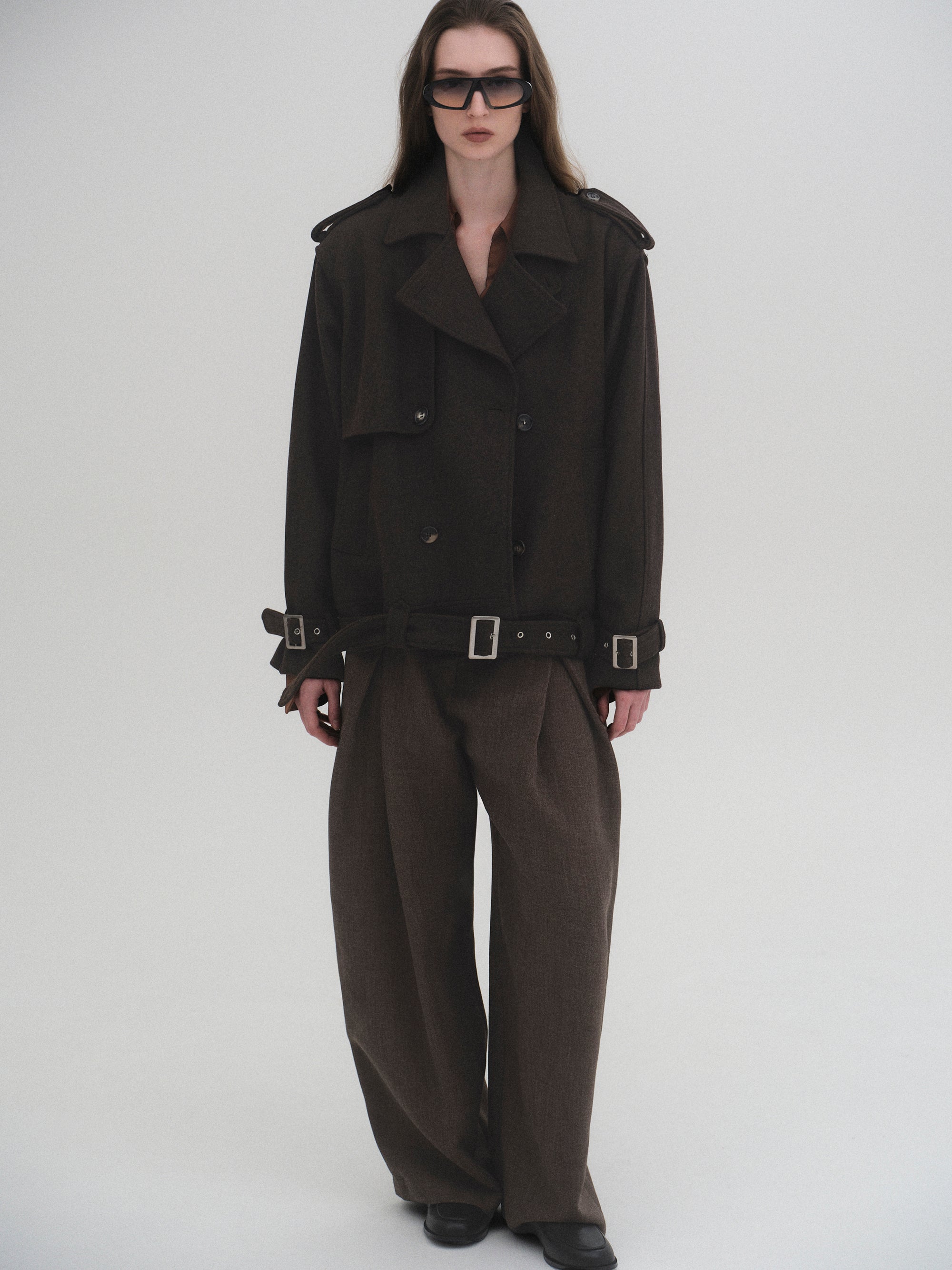 Short Trench Wool Coat, Brown