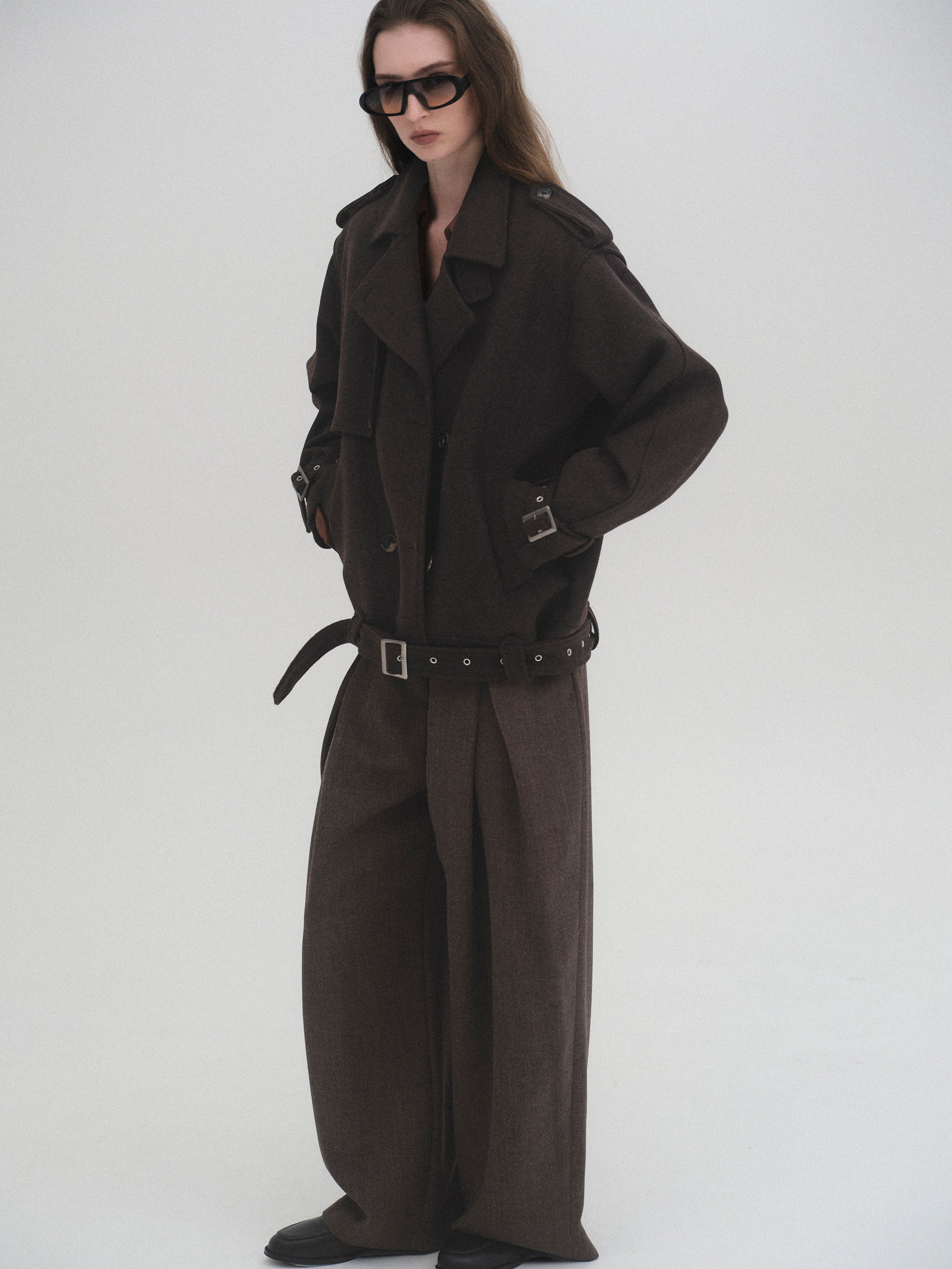 Short Trench Wool Coat, Brown