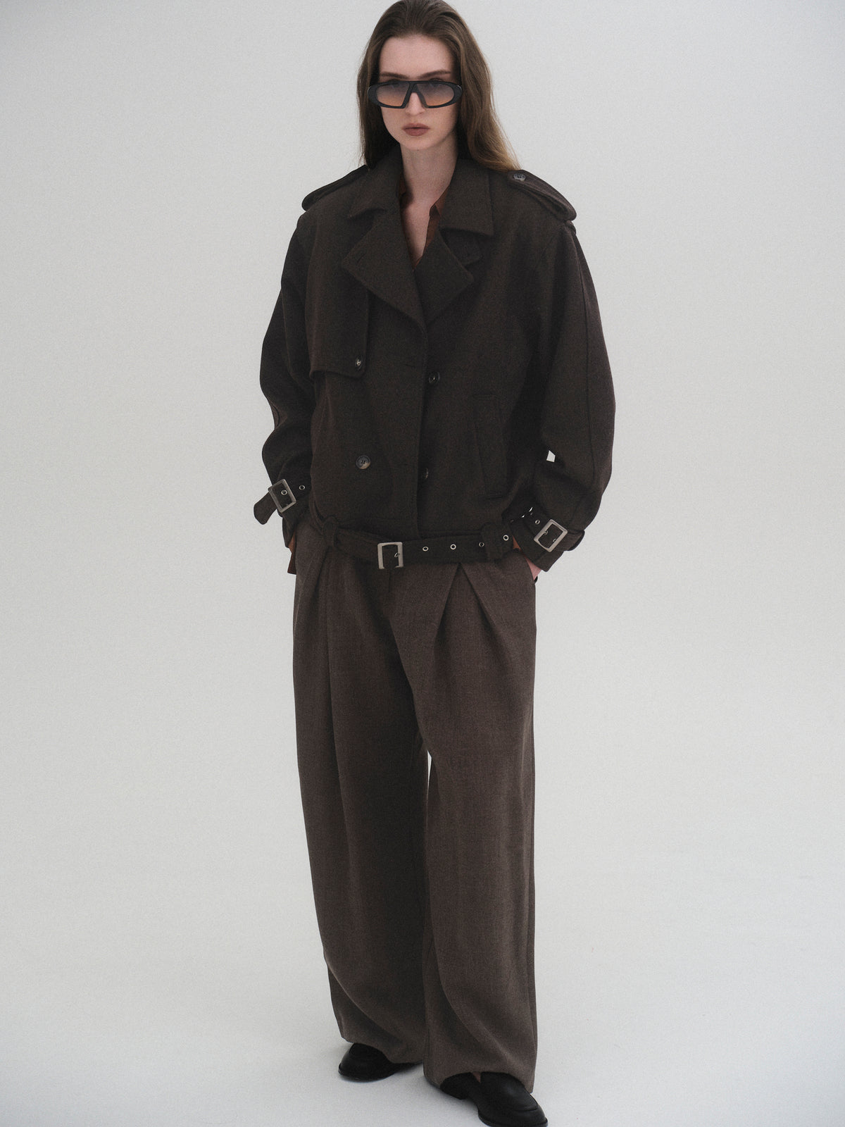 Enso Short Trench Wool Coat, Brown