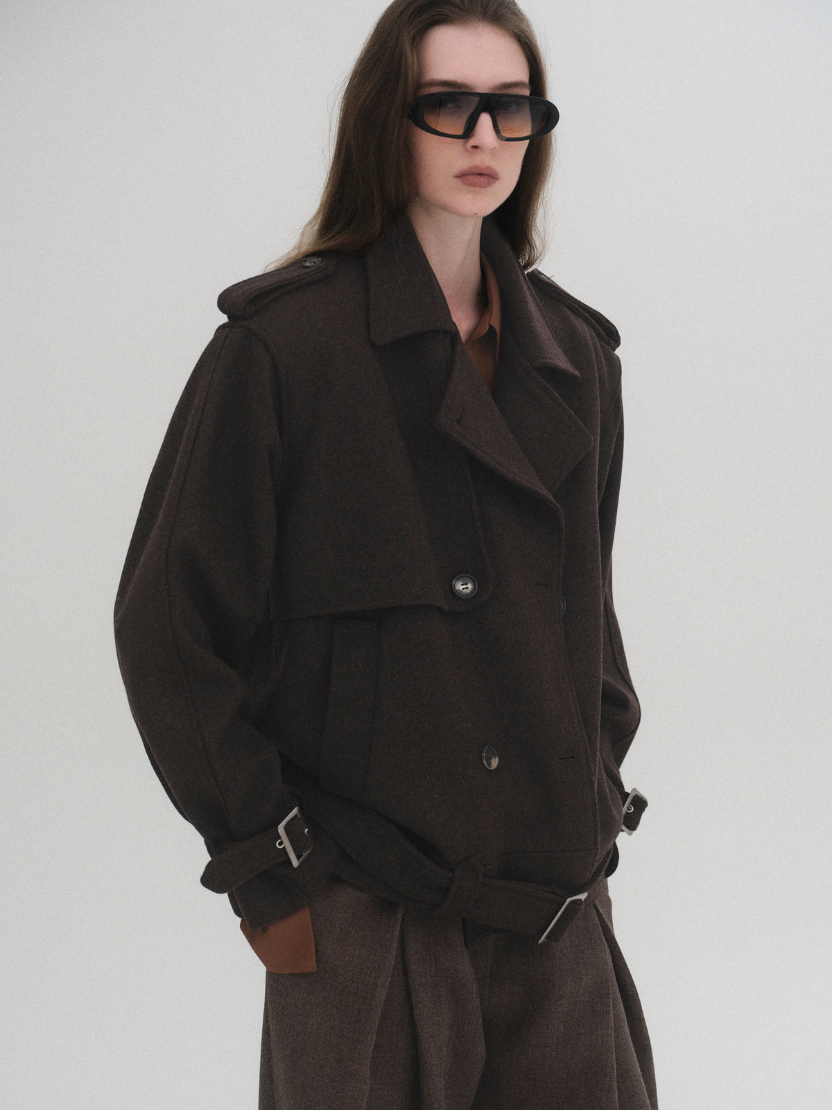 Enso Short Trench Wool Coat, Brown