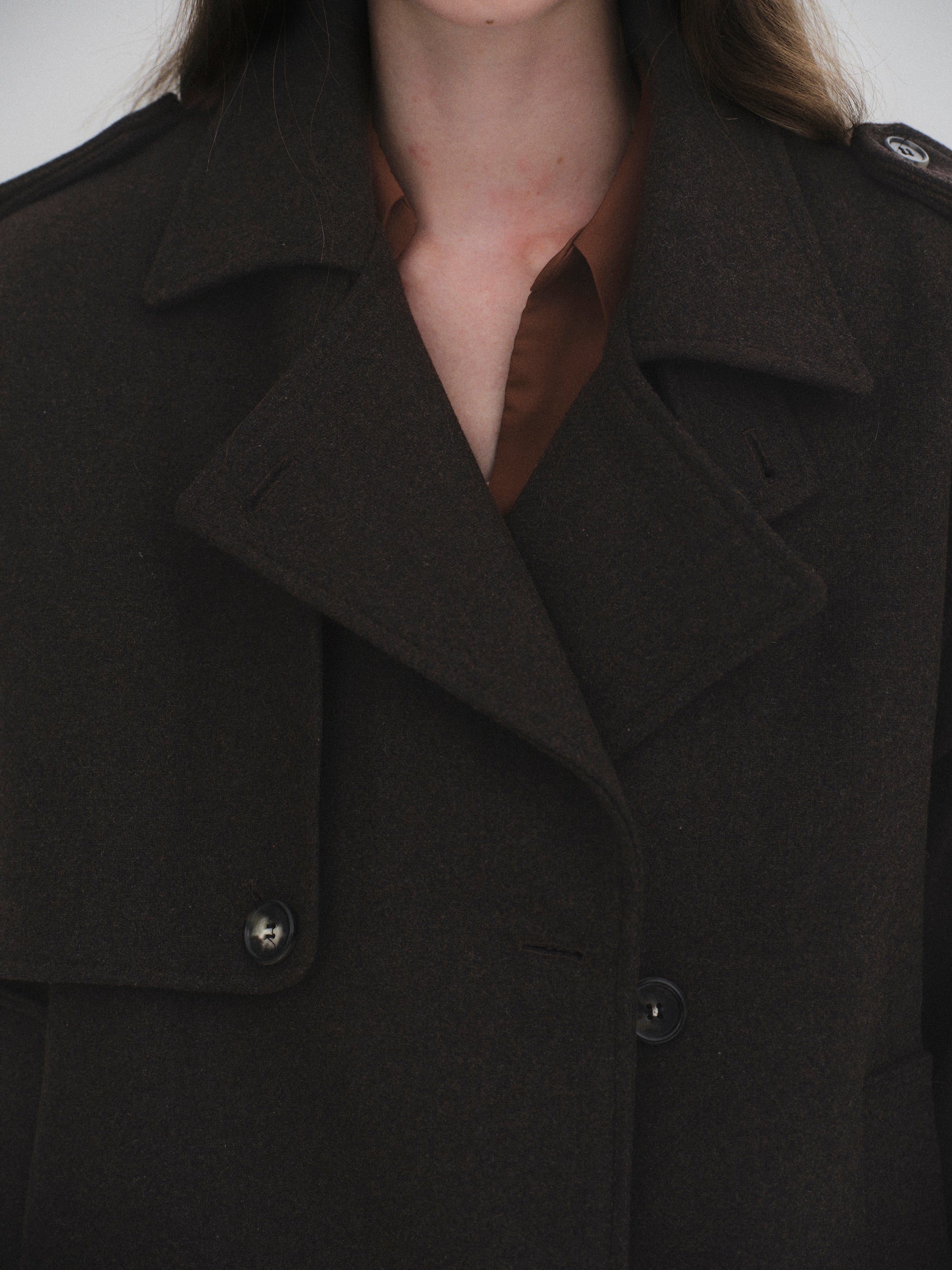 Short Trench Wool Coat, Brown