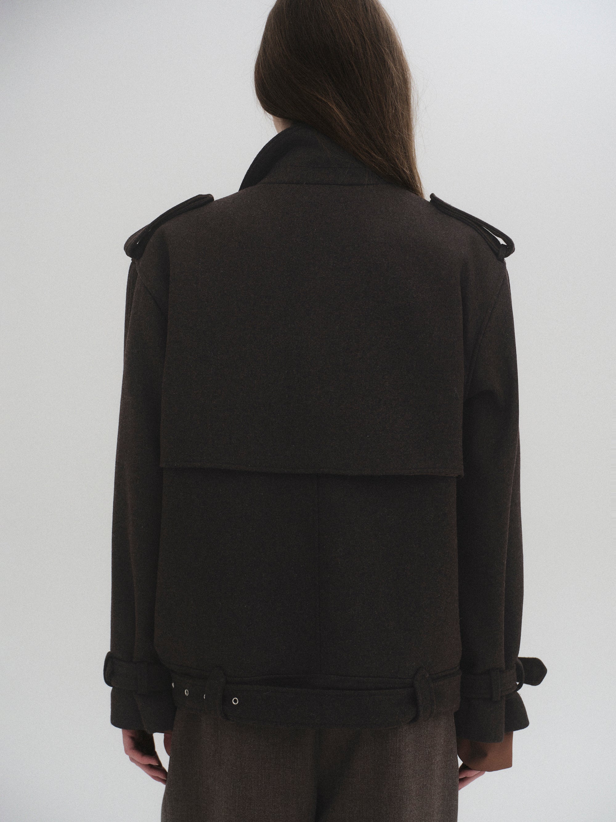 Short Trench Wool Coat, Brown