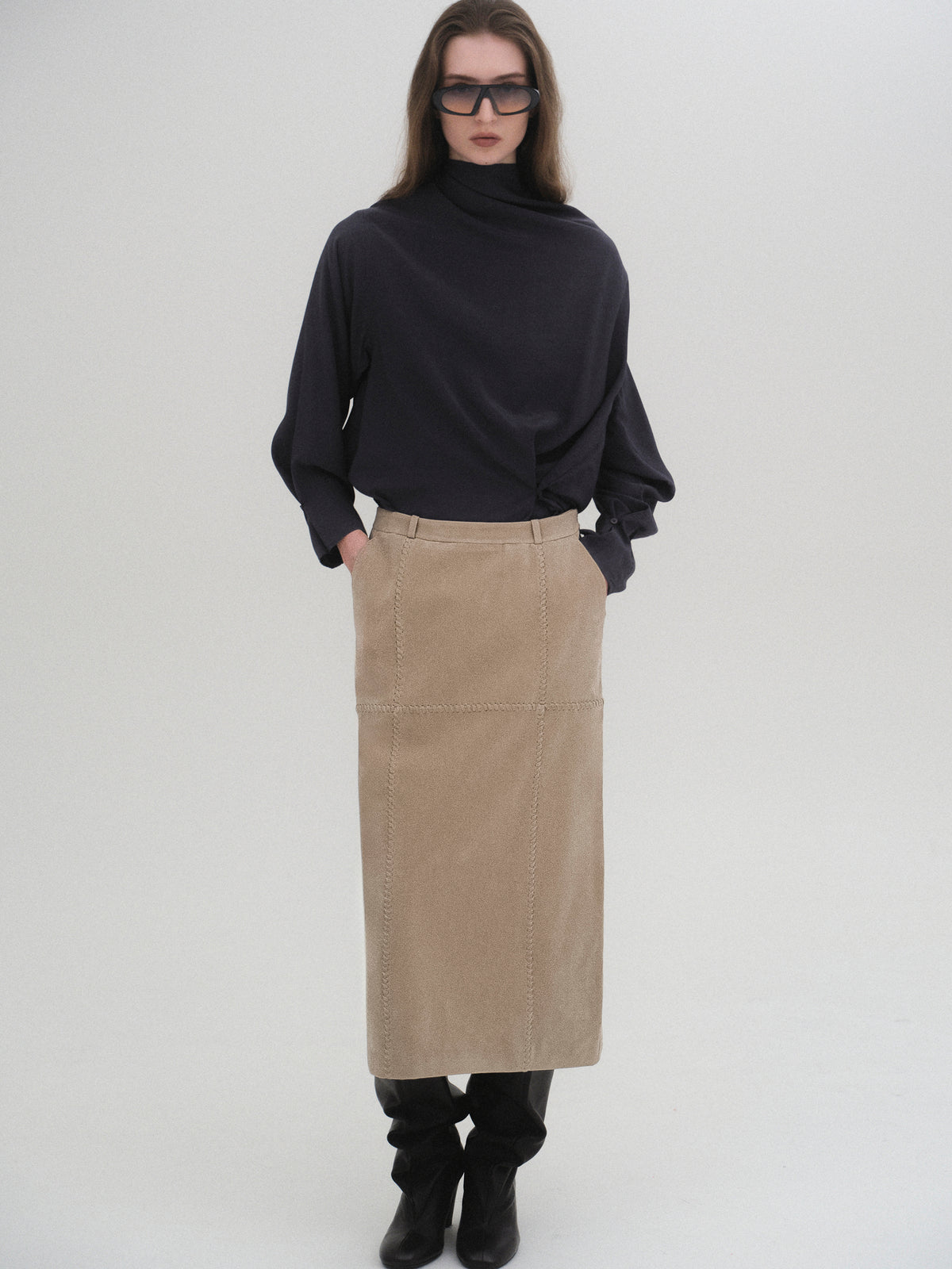 Idaho Suede Effect Midi Skirt, Beige