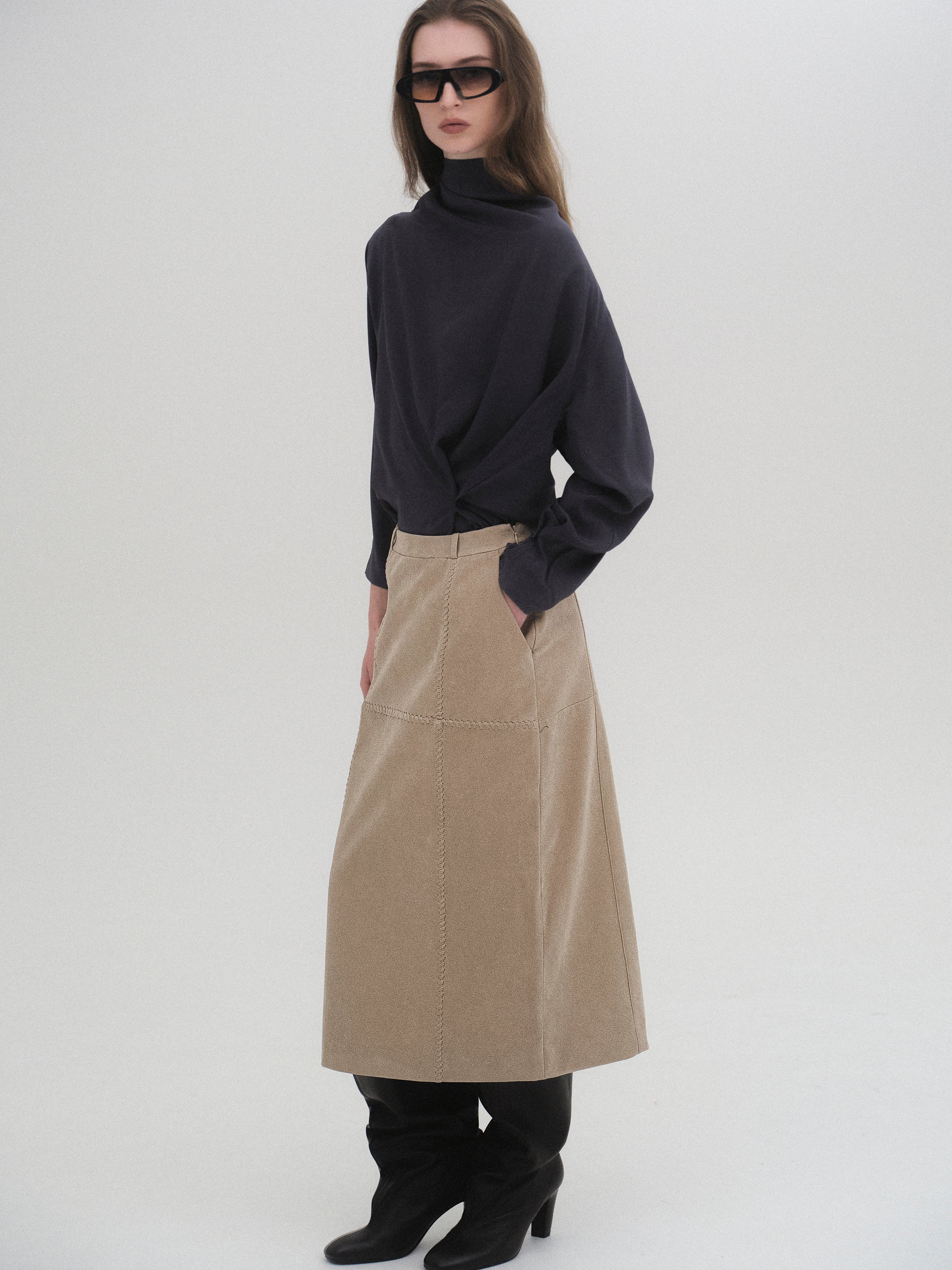Suede Effect Midi Skirt, Nude