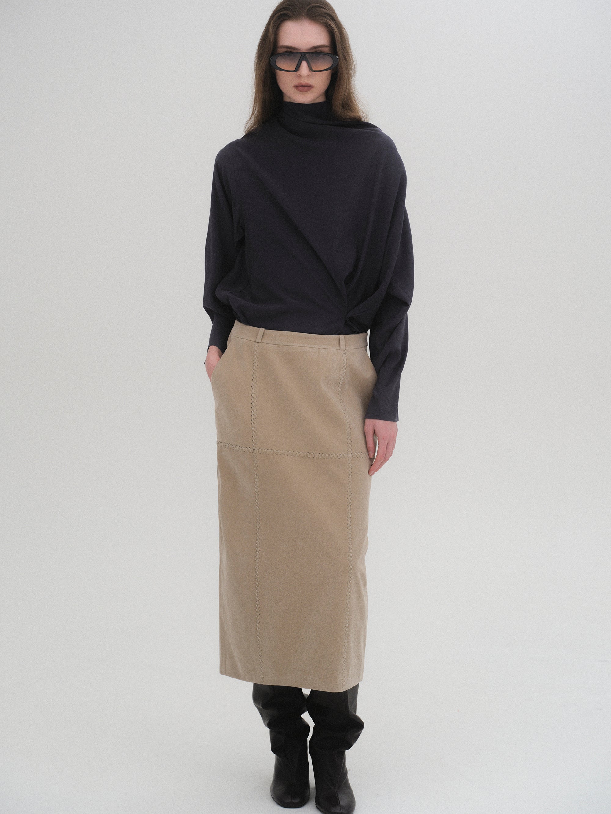 Cowl-Neck Drape Blouse, Charcoal