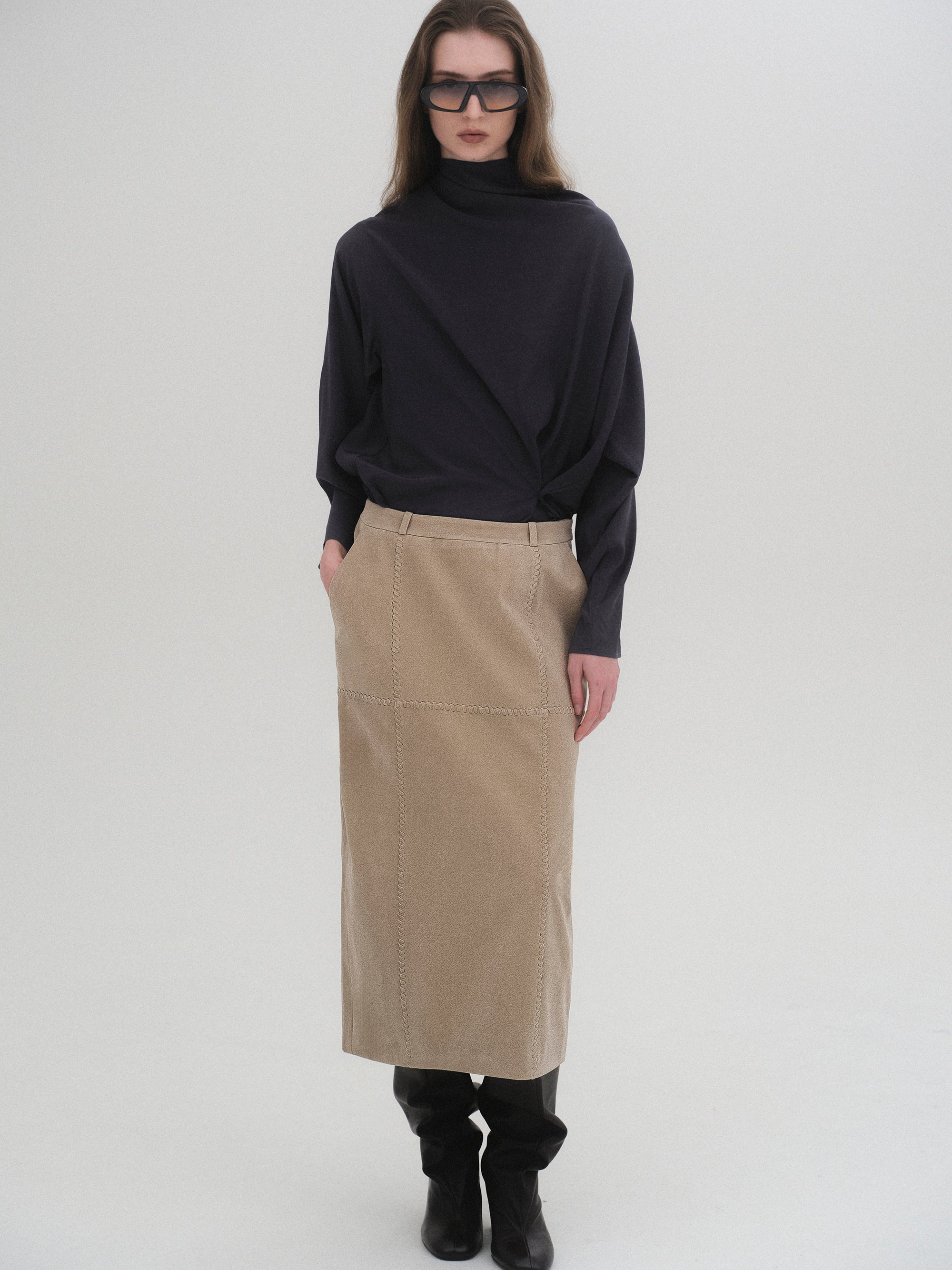 Cowl-Neck Drape Blouse, Charcoal