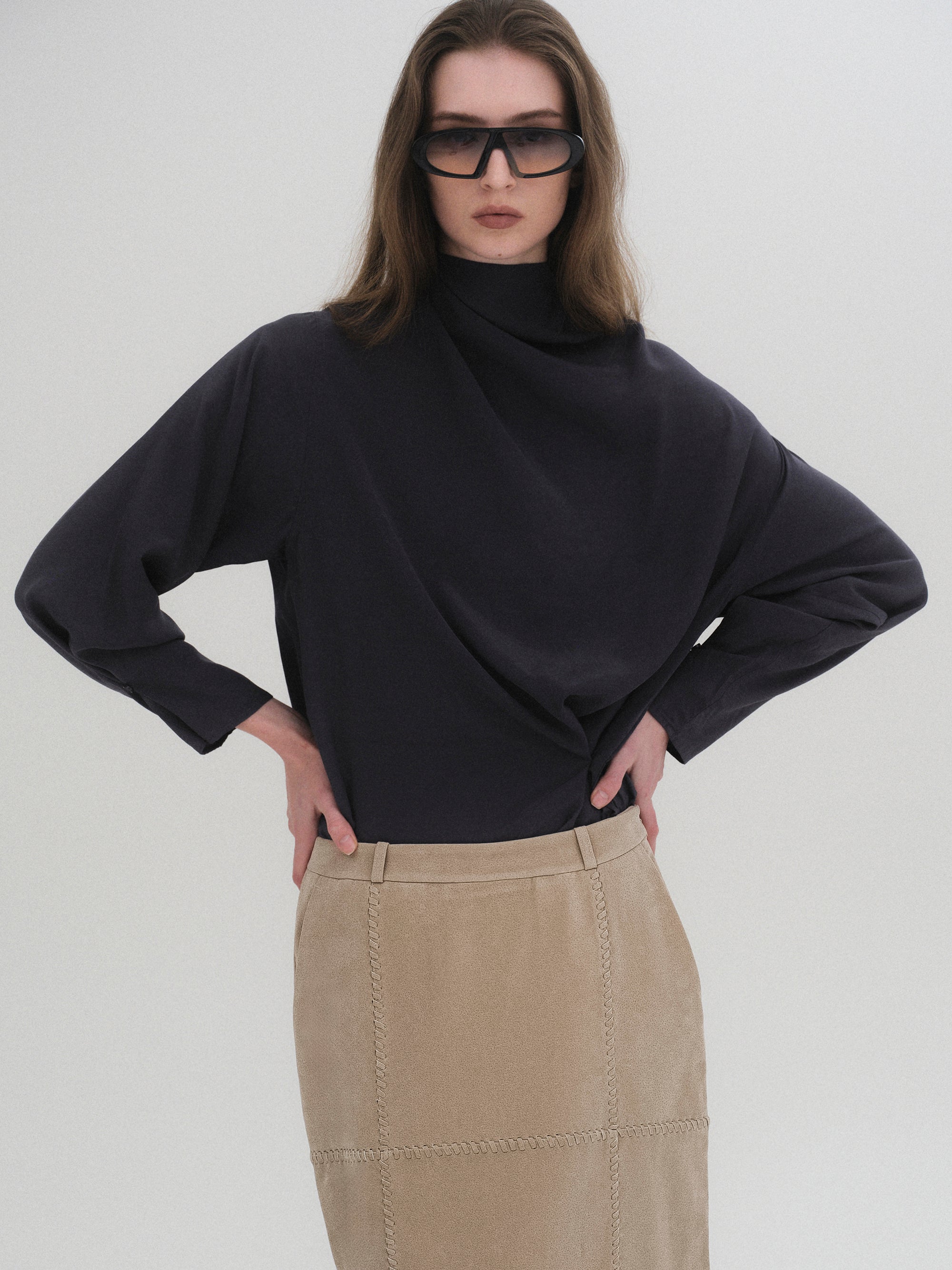 Cowl-Neck Drape Blouse, Charcoal