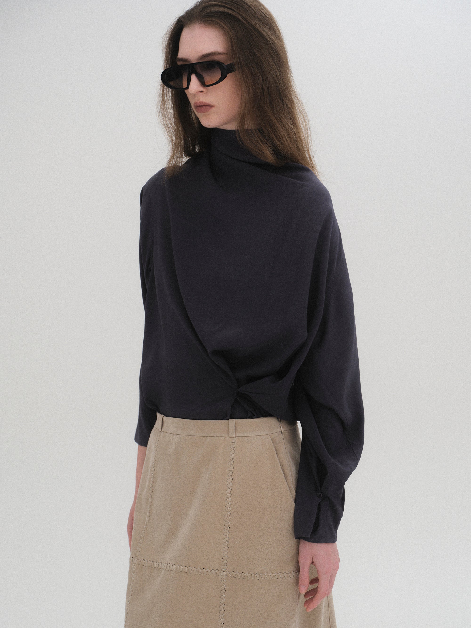 Cowl-Neck Drape Blouse, Charcoal