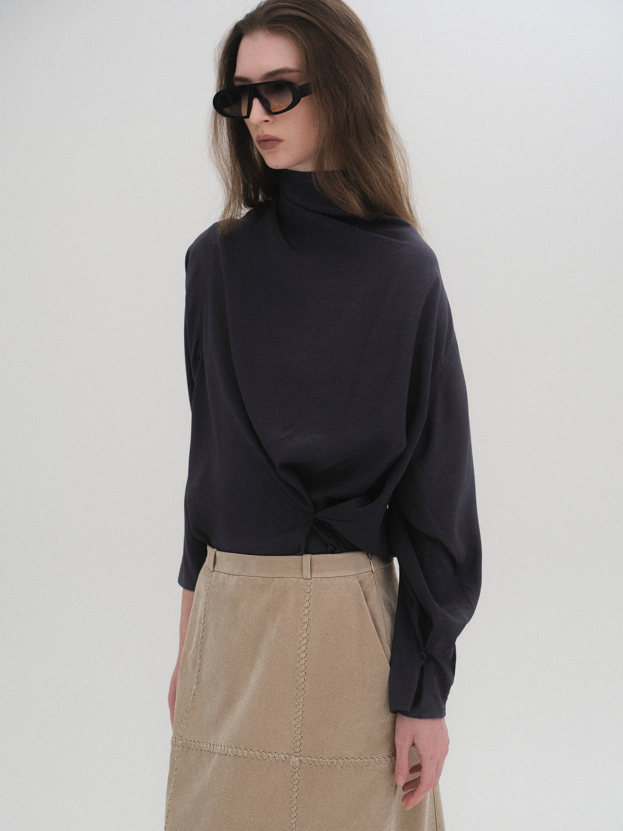 Cowl-Neck Drape Blouse, Charcoal