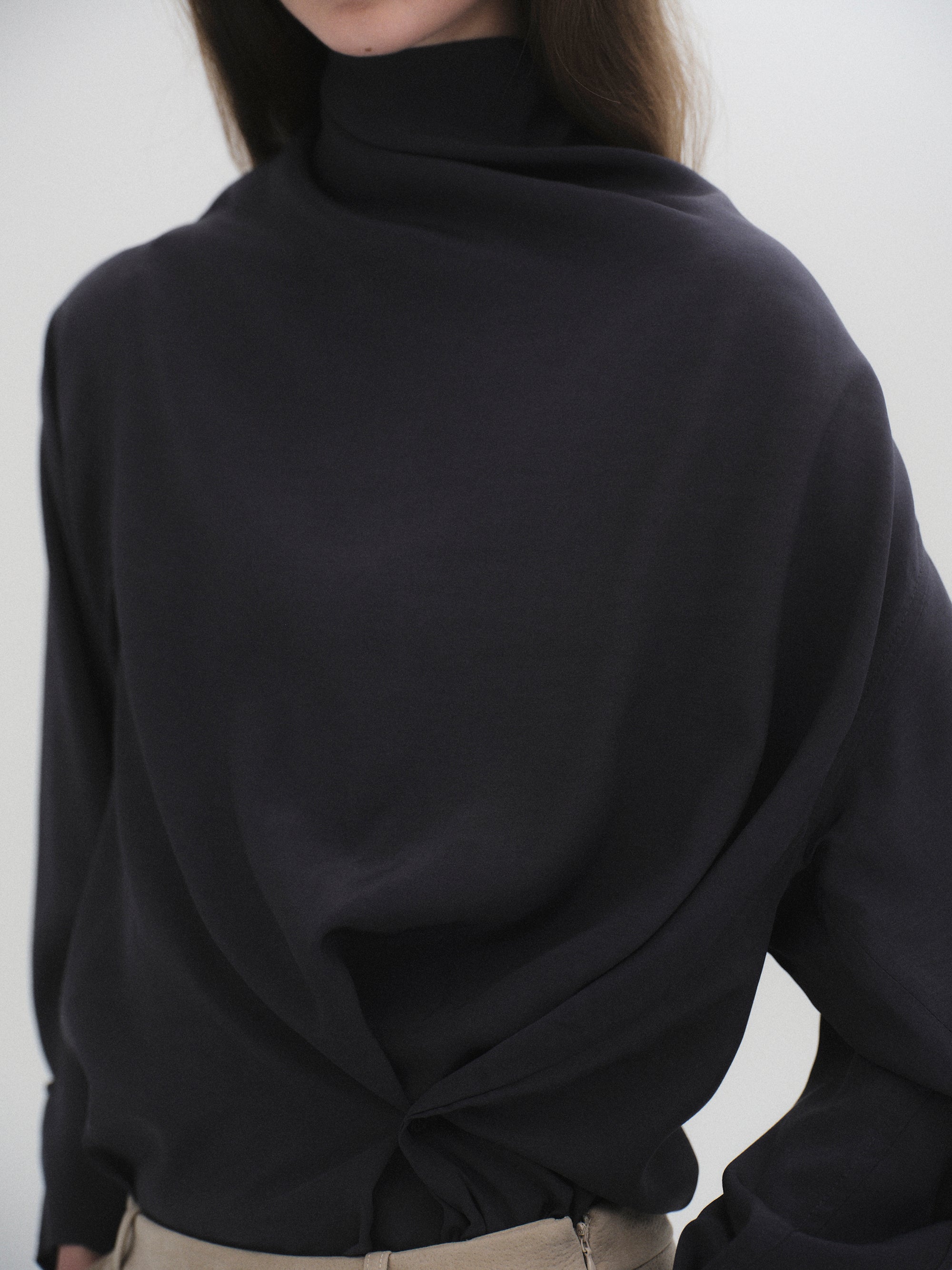 Cowl-Neck Drape Blouse, Charcoal