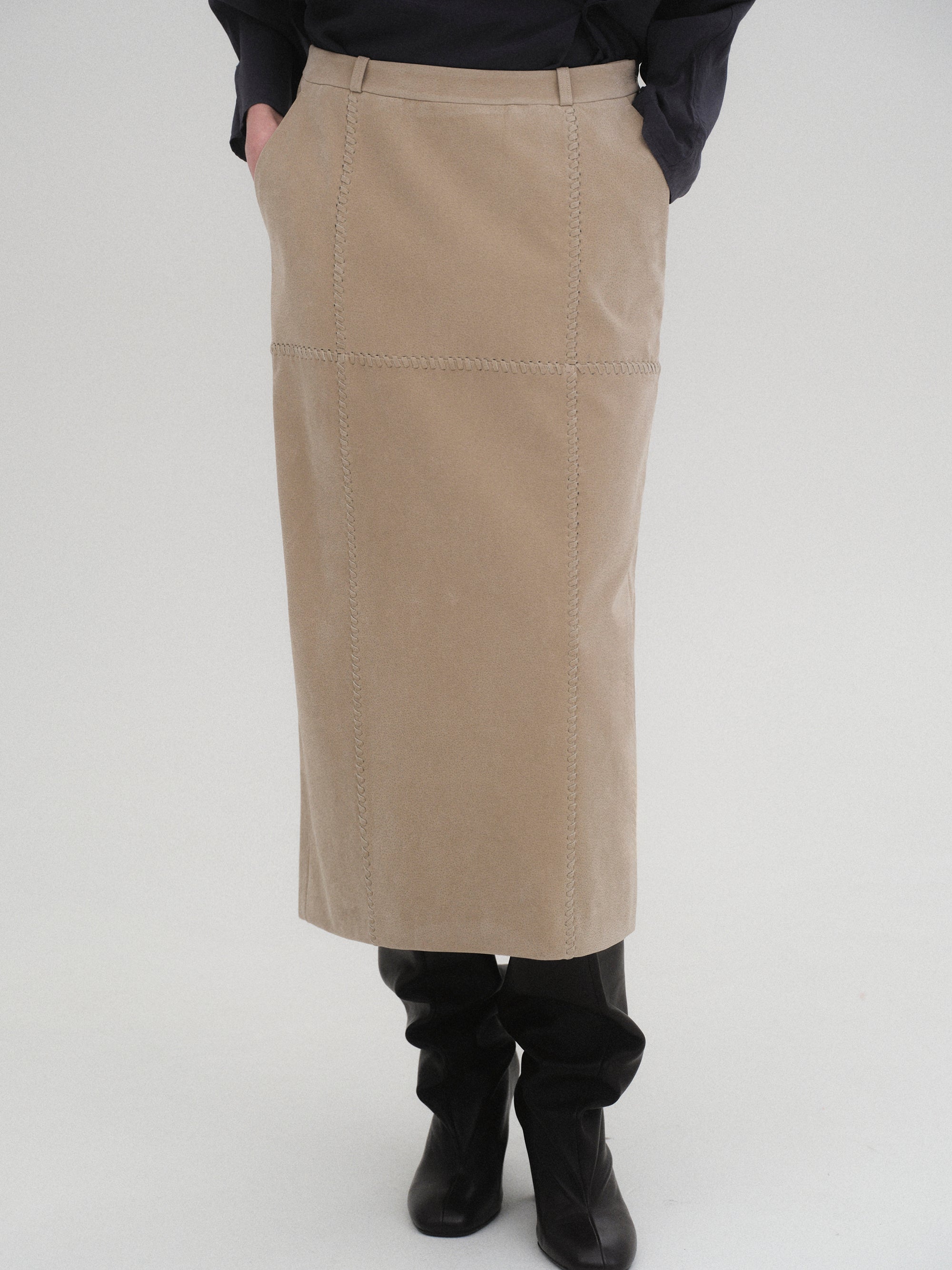 Suede Effect Midi Skirt, Nude