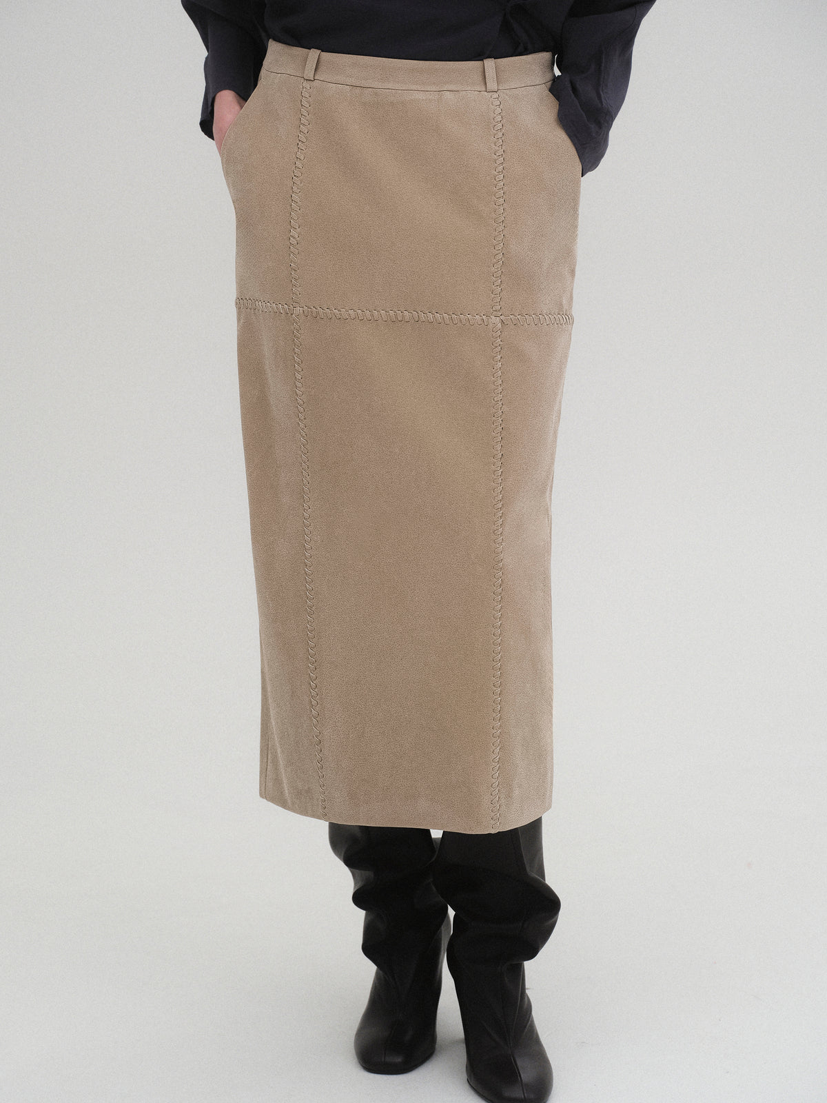 Idaho Suede Effect Midi Skirt, Beige