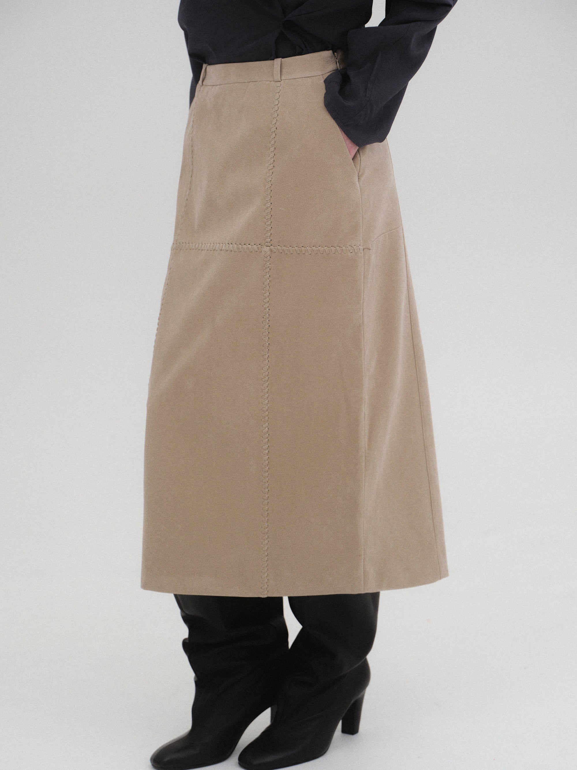 Suede Effect Midi Skirt, Nude