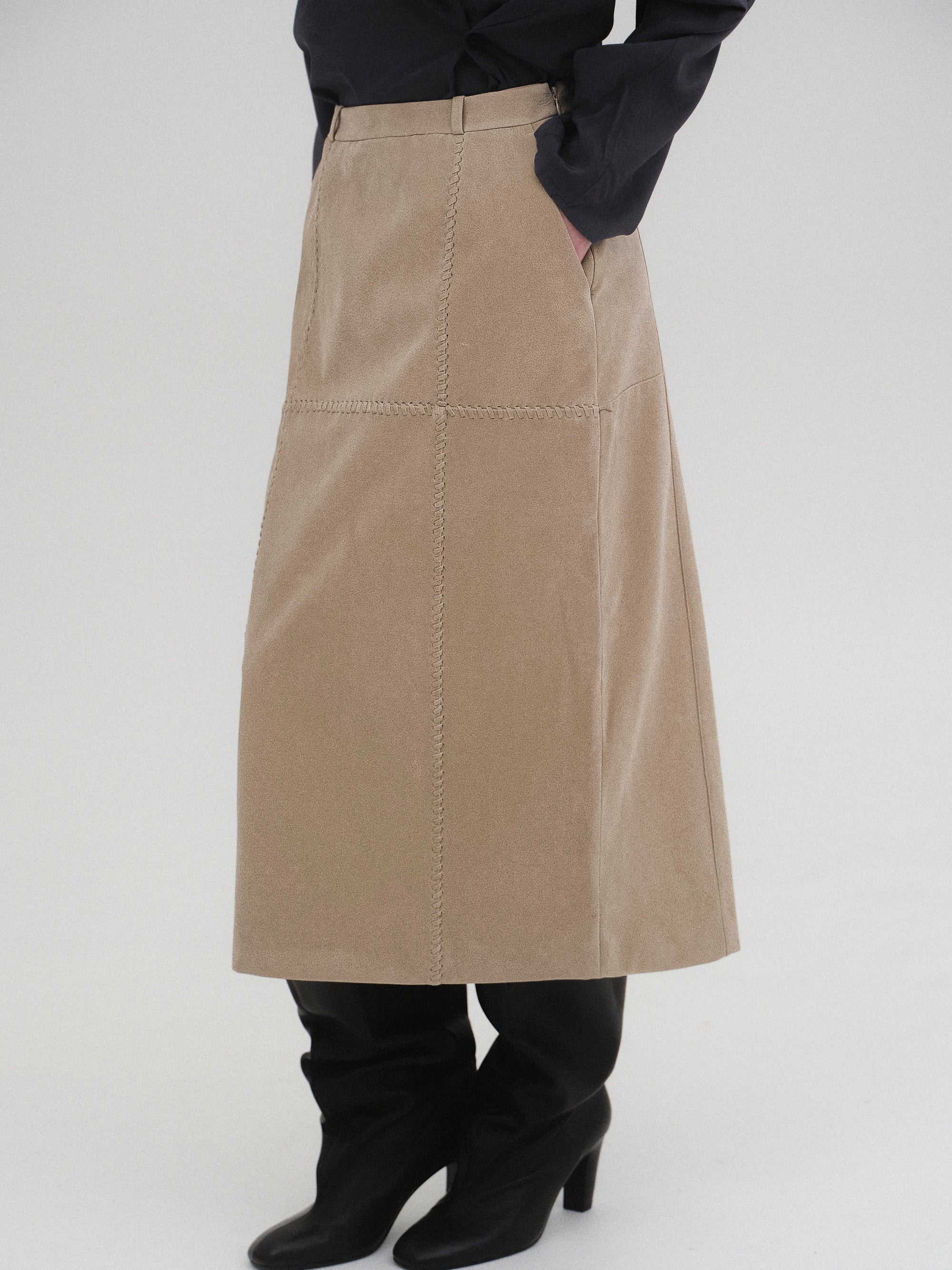 Suede Effect Midi Skirt, Nude